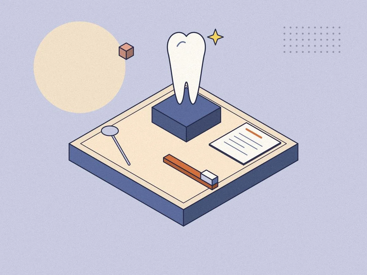 Isometric illustration of a tooth, toothbrush and dental mirror for the Minds Underground Dentistry Essay Competition