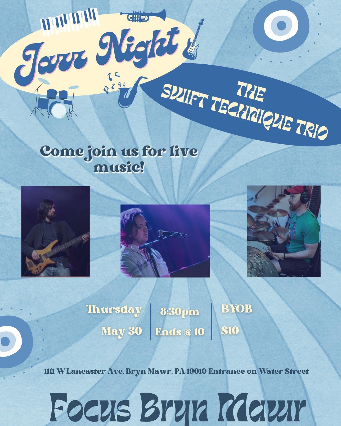 We&rsquo;re bringing the trio back to @focusbrynmawr on Thursday, May 30th! #focus #swift #funk #jazz #yoga