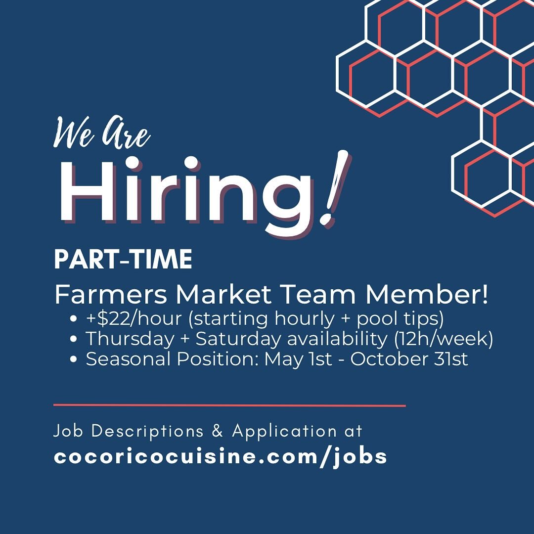 👩🏻&zwj;🌾🧑🏽&zwj;🌾Join us for a fun market season at Cocorico!

👀We are looking for a dynamic and customer centered team member to put our market booth together and sell our goods around town!

✌🏼More details:
- Availability needed: Thursdays (