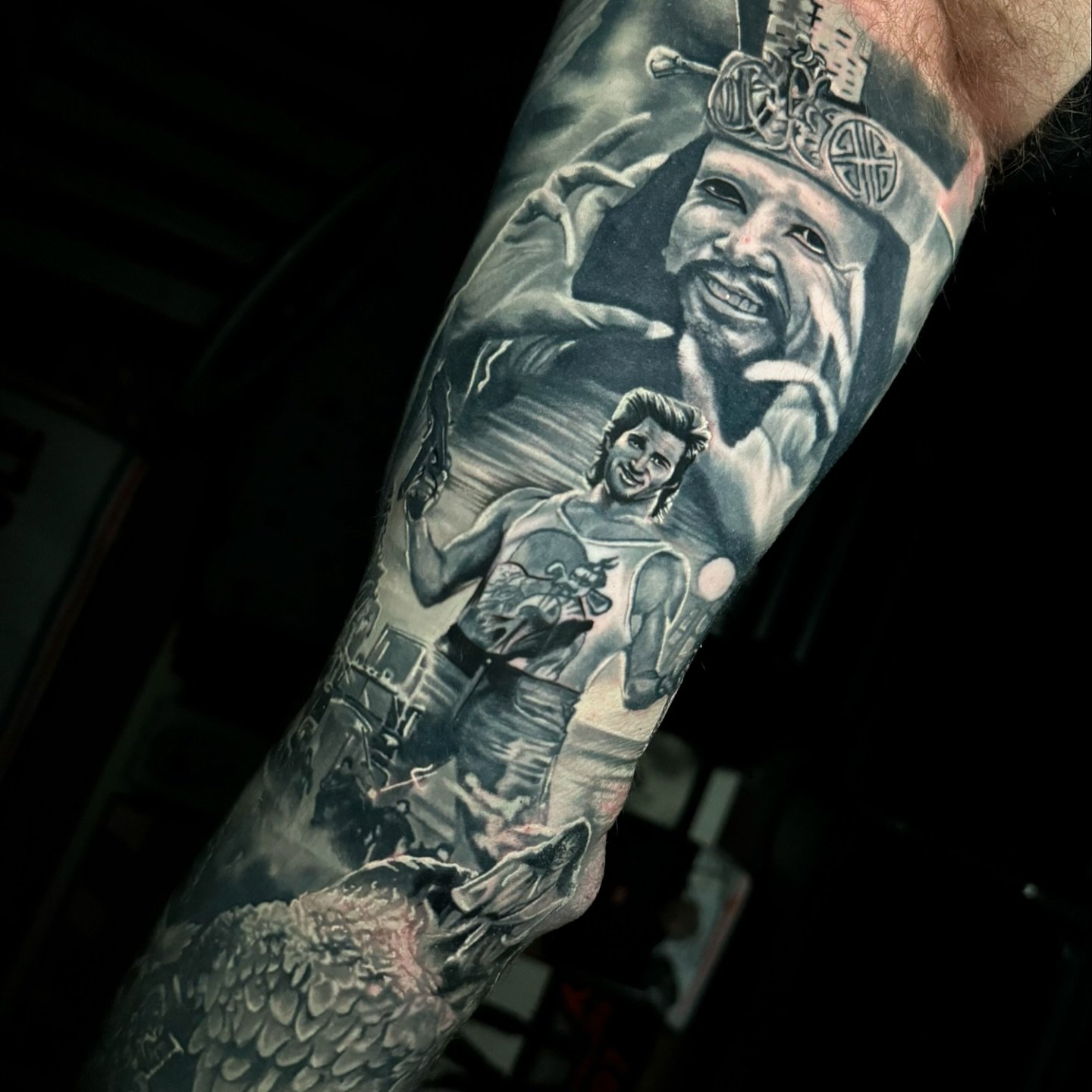 This is some #bigtroubleinlittlechina . Some #fresh ,some #healed . More work on the this #1980&rsquo;smovie #sleeve . Love projects like this. Done @truthandtriumphtattoo using @worldfamousink @fytsuppliesusa_ @neumatattoomachines @hustlebutterdelux