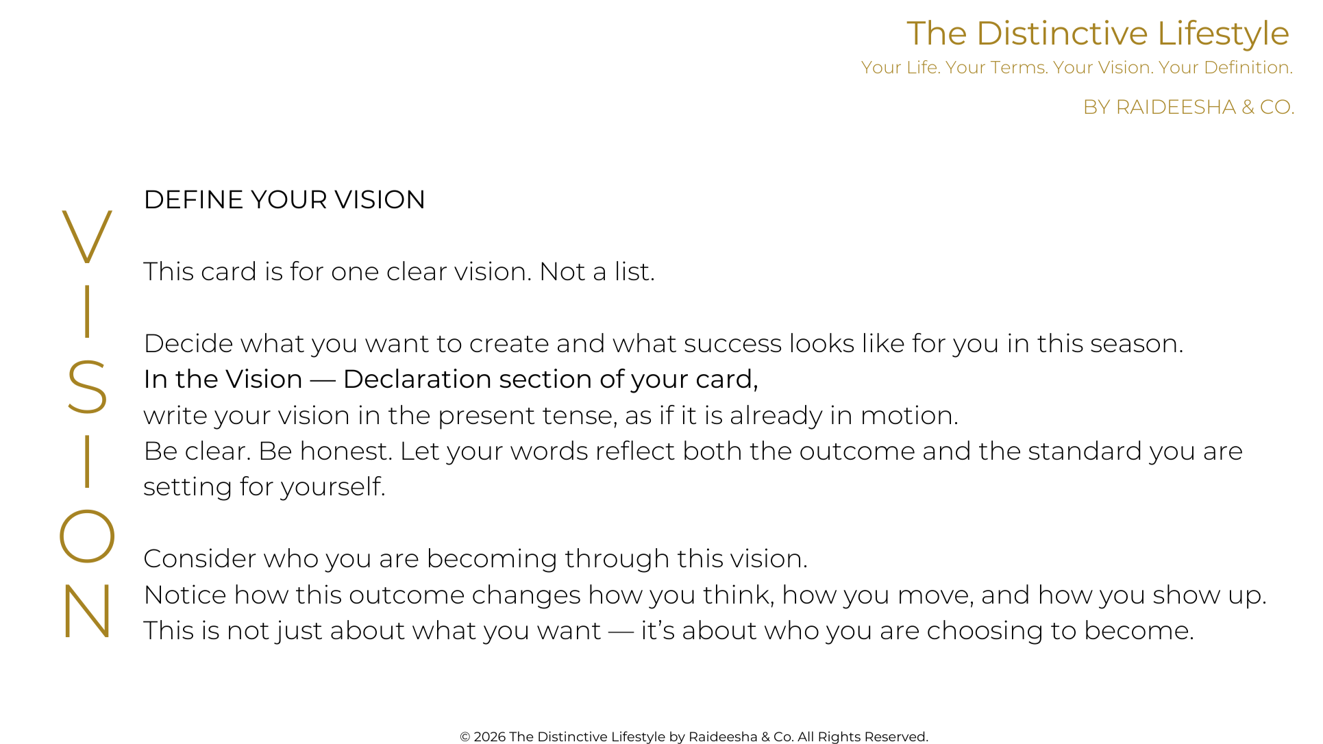 Minimalist vision declaration cards with written instructions for defining one clear life vision