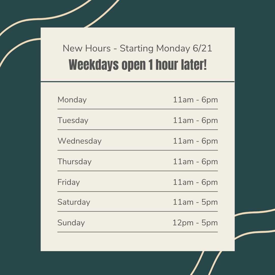 Starting today, we're now open one hour extra on weekdays! As we slowly reopen our lesson program, certain days will have scheduled lessons later than our store hours. We will be staffing the store during those after hour lessons. 

We plan to return