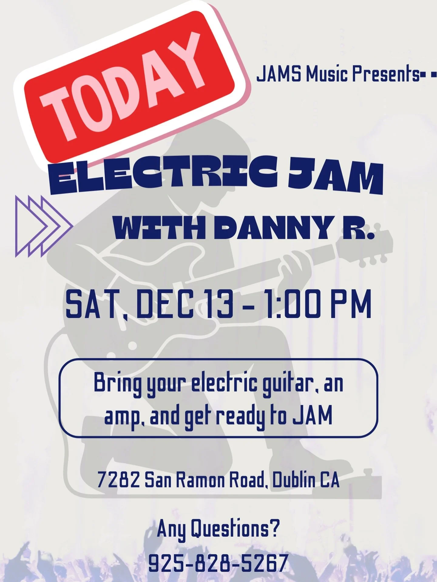 Happening TODAY: Don&rsquo;t miss our FIRST EVER Electric Jam with Danny R!

Hope you are as excited as us to jam to some great music. 

We&rsquo;ll see YOU today at 1:00 p.m.

#electricguitar #jamsmusicdublin #electricjam #bayarea #bayareaevents
