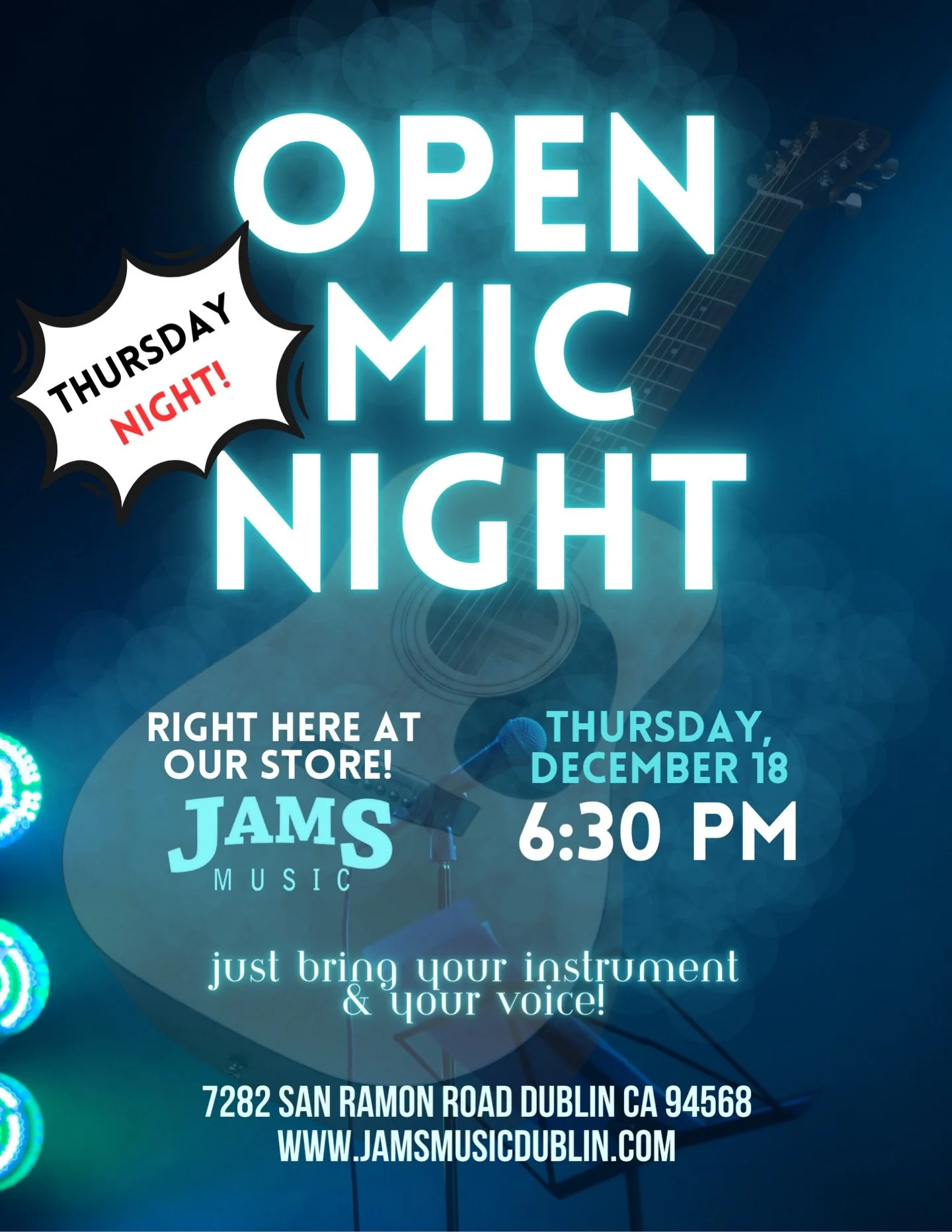 We hope you&rsquo;ve been practicing! Because our 2nd open mic of December is coming up soon!

Join us this Thursday, December 18 at 6:30 p.m. 

Can&rsquo;t wait to hear you!

#openmic #openmicnight #bayareaopenmic #jamsmusicdublin #bayarea