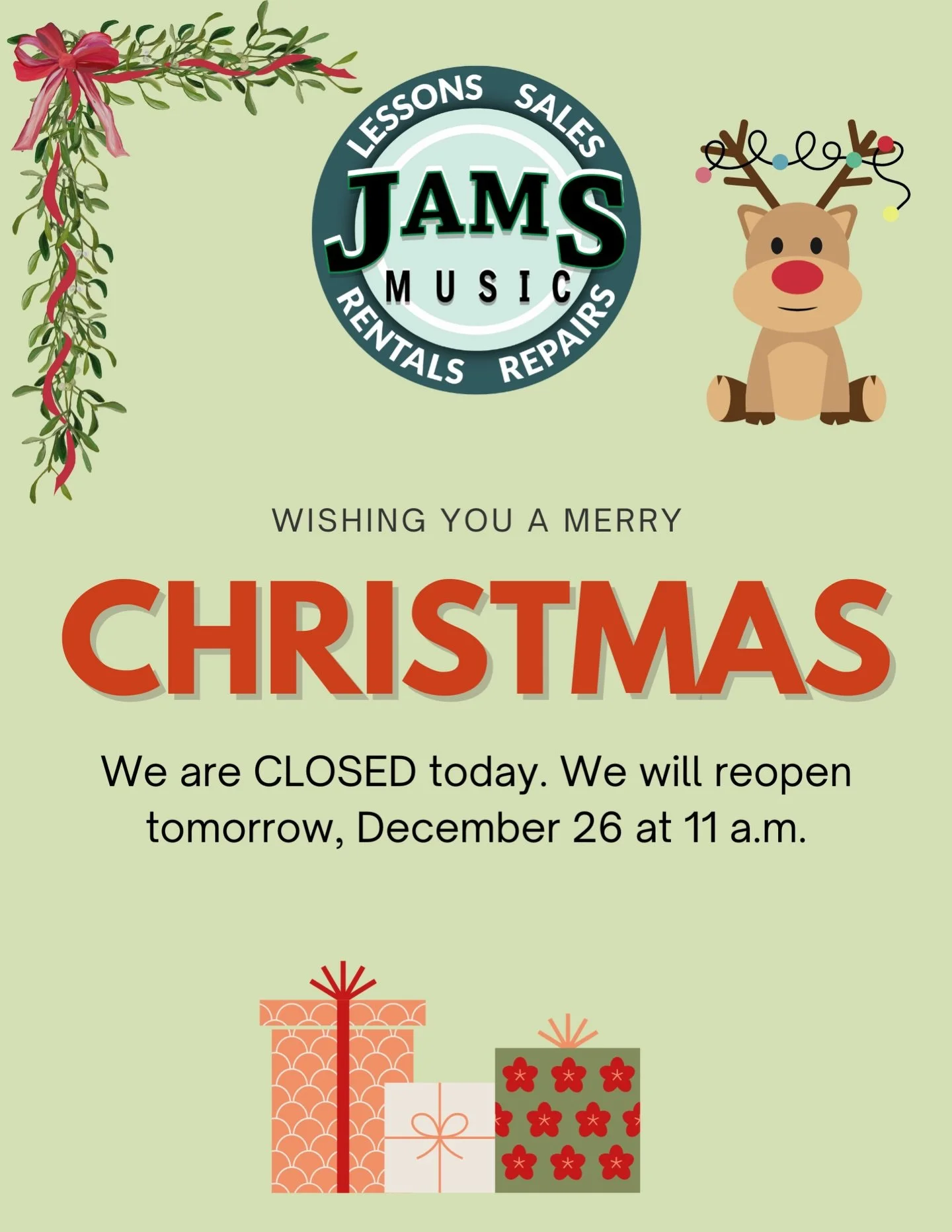 Merry Christmas! We are closed today. We will reopen tomorrow, December 26th at 11:00 a.m. 

#merrychristmas #jamsmusicdublin #musicstore #bayarea