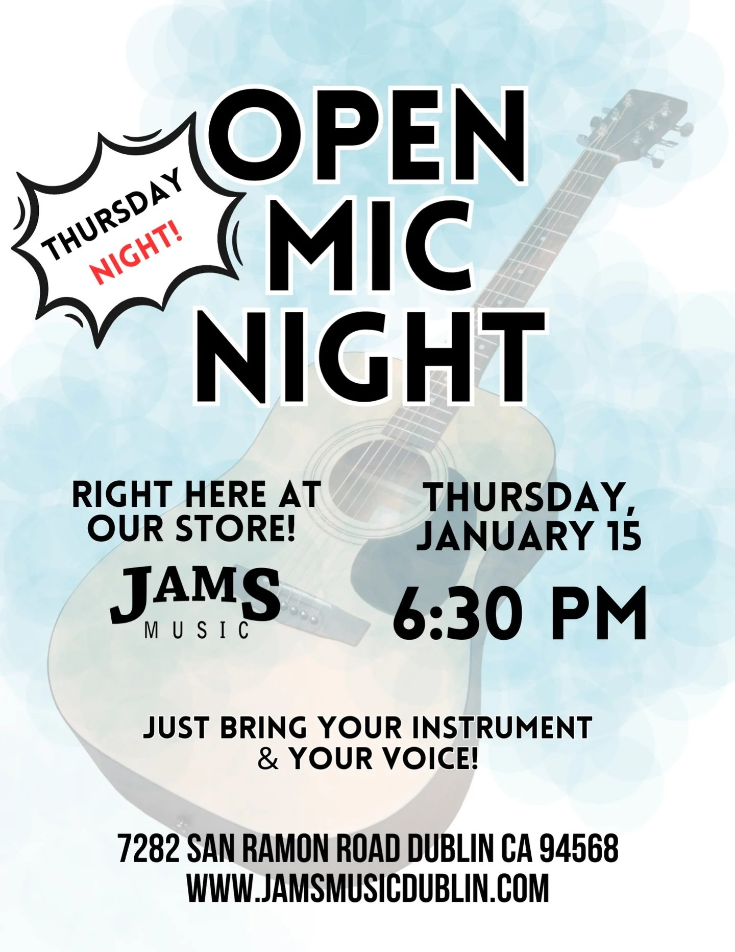 It&rsquo;s time for our January Open Mic! Come show off your amazing musical skills to a great and talented audience. 

We&rsquo;ll see you THIS Thursday, January 15 at 6:30 p.m. 🎵

#jamsmusicdublin #openmic #openmicnight #bayareaopenmic musicstore