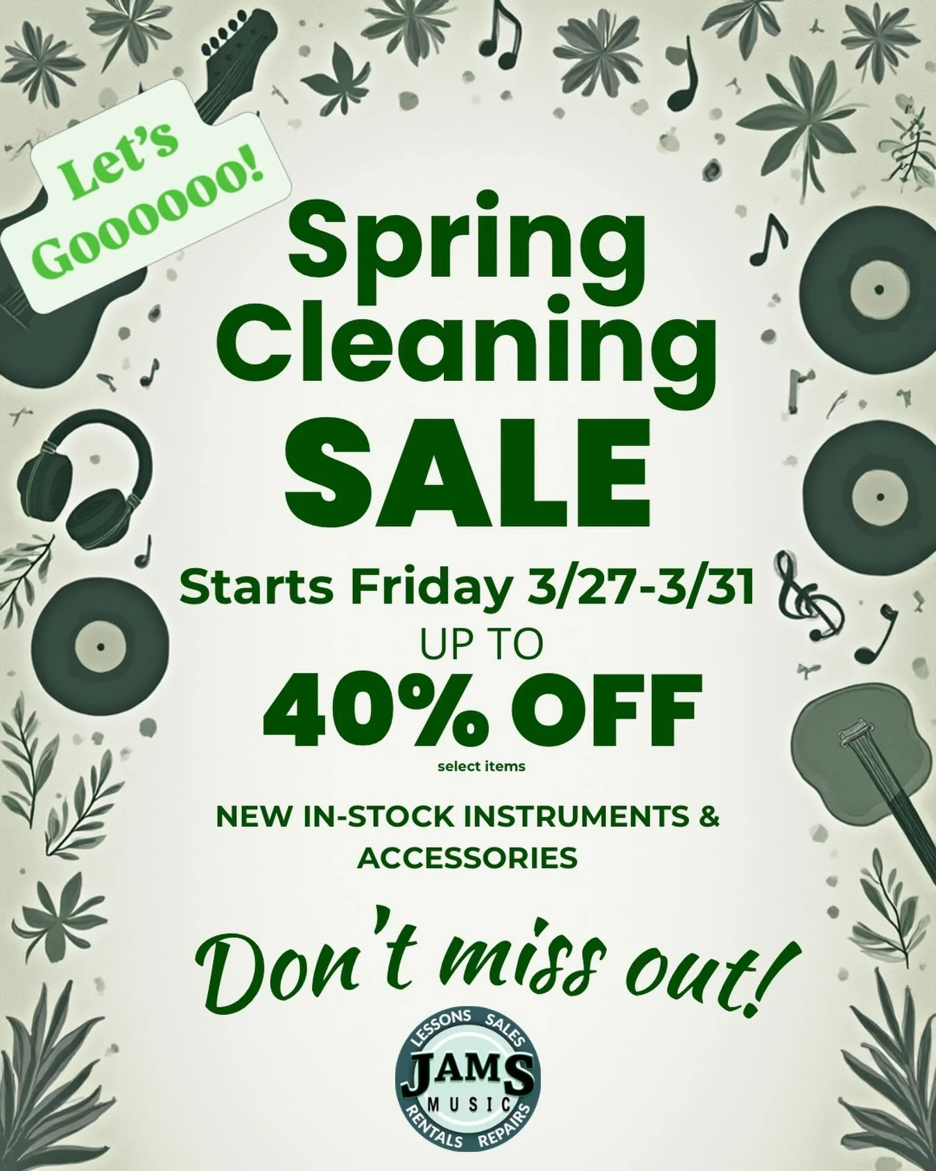 Green Friday Spring Cleaning SALE is going on NOW @jamsmusicdublin. Select items marked down as much as 40% off. Join our newsletter for more details. Save on guitars, amps, keyboards, ukuleles, brass &amp; woodwinds and all accessories. Plus, ask us