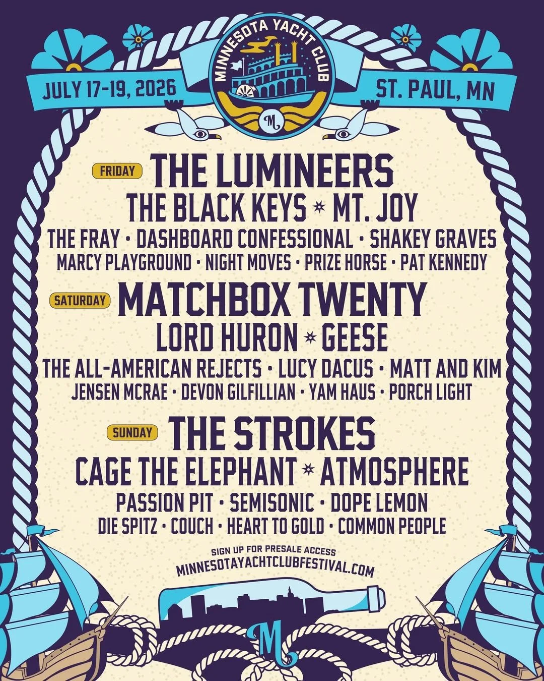 Last-minute git idea: tickets to the 2026 @mnyachtclubfestival this summer in Saint Paul! 🎸🤘

The 3-day festival is July 17-19 and features headliners, @thelumineers, @matchboxtwenty and @thestrokes, alongside many other huge national acts and some