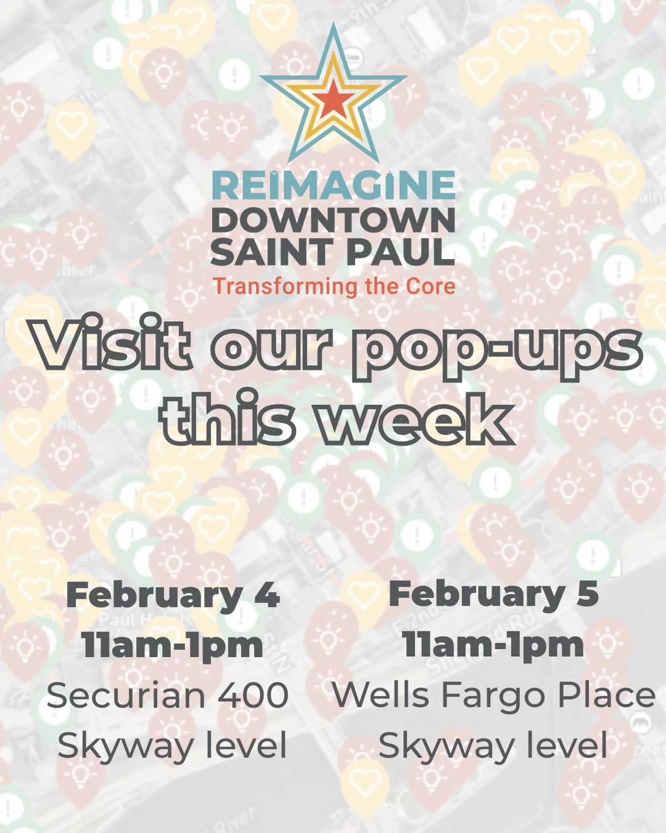 🤝Our Reimagine Downtown Saint Paul community engagement efforts include two in-person pop-up events in the skyway this week. 🗣️ Come visit us and share your vision for what a vibrant downtown core looks like! 👩&zwj;🔧 PS our survey period has been