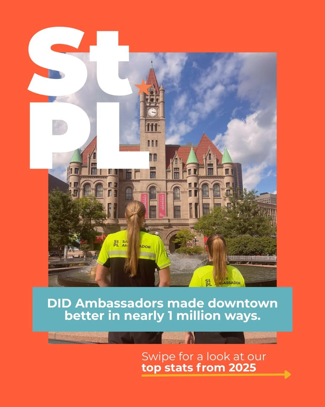 Real, impactful numbers from 2025!🤩
 
Downtown Improvement District Ambassadors tallied a whopping 892,275 actions in 2025 to provide a safer, cleaner downtown for everyone. 🫂
 
The Saint Paul Downtown Improvement District (SPDID) encompasses 90 bl