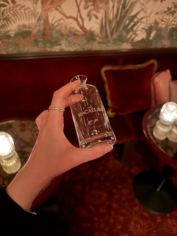 Engraving glass whisky decanters for a private Macallan tasting in a private members club in London Josephines