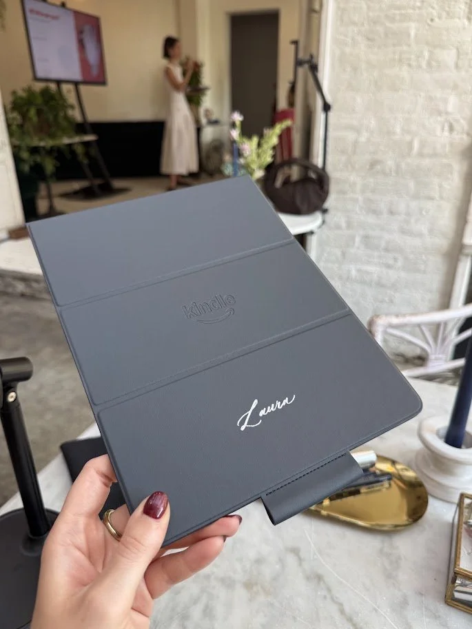 heat foiled leather Kindle covers for an Amazon Kindle influencer brand event breakfast