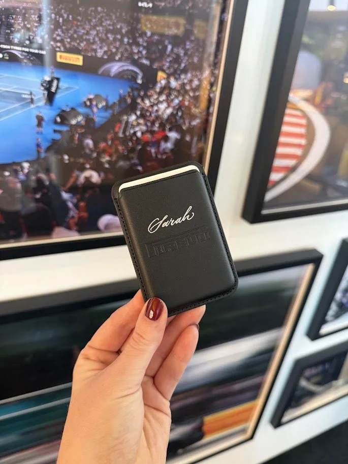 heat foiled leather products for luxury sporting event. Pirelli branded items at the Silverstone Grand Prix with Formula 1