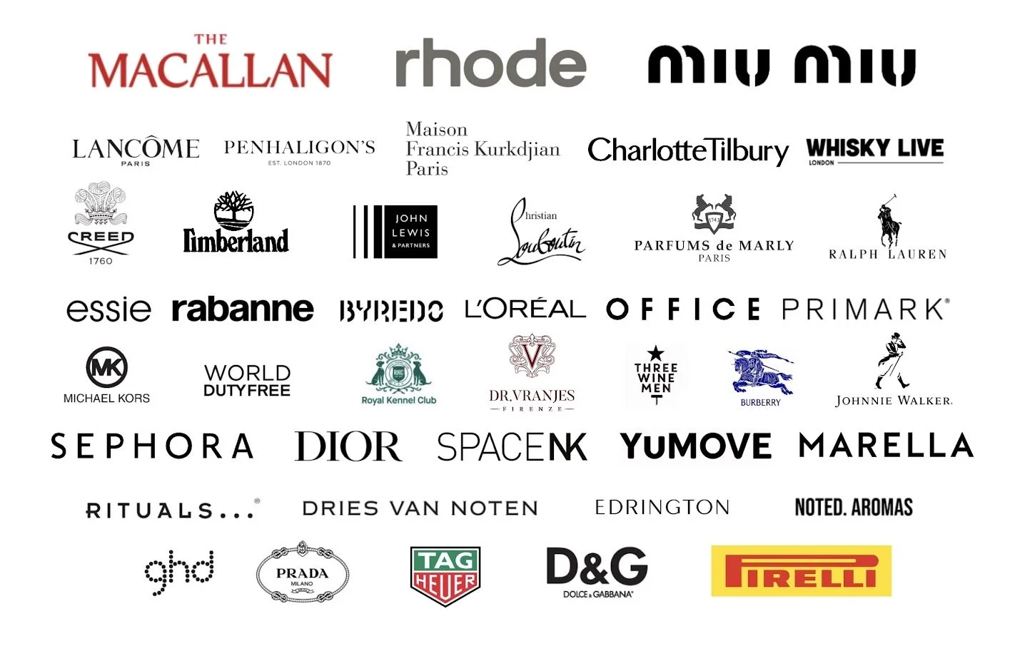 logos of brands i have worked with including The British Grand Prix, The Macallan Whisky, Christian Louboutin, Rhode, Charlotte Tilbury, Maison Francis Kurkdjan, Dior, Tag Heur, GHD, Royal Kennel Club, Burberry, Johnnie Walker Blue Label, Creed