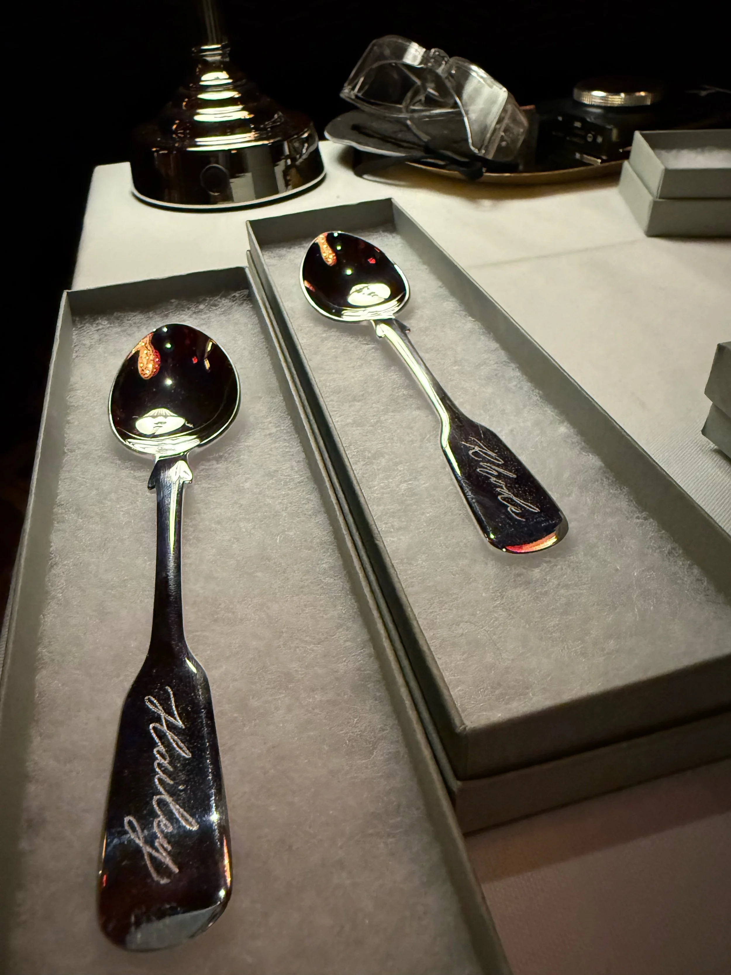 Calligraphy hand-engraved teaspoons for the Rhode brand event launch in Sephora UK. Teaspoons were engraved live for Hailey Bieber and Justin Bieber. 