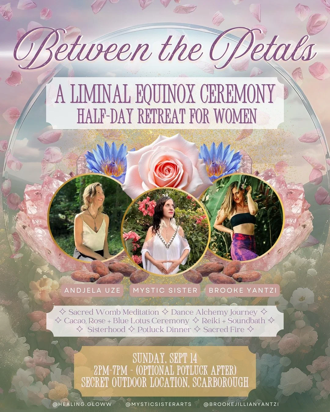 ✨🌸🍃 Between the Petals - A Half-Day Retreat for Women 🍃🌸✨
 This Fall Equinox, we gather in sisterhood at the edge of Lake Ontario where earth meets sky - the liminal space between endings and beginnings. Guided by cacao, rose, and blue lotus, we&