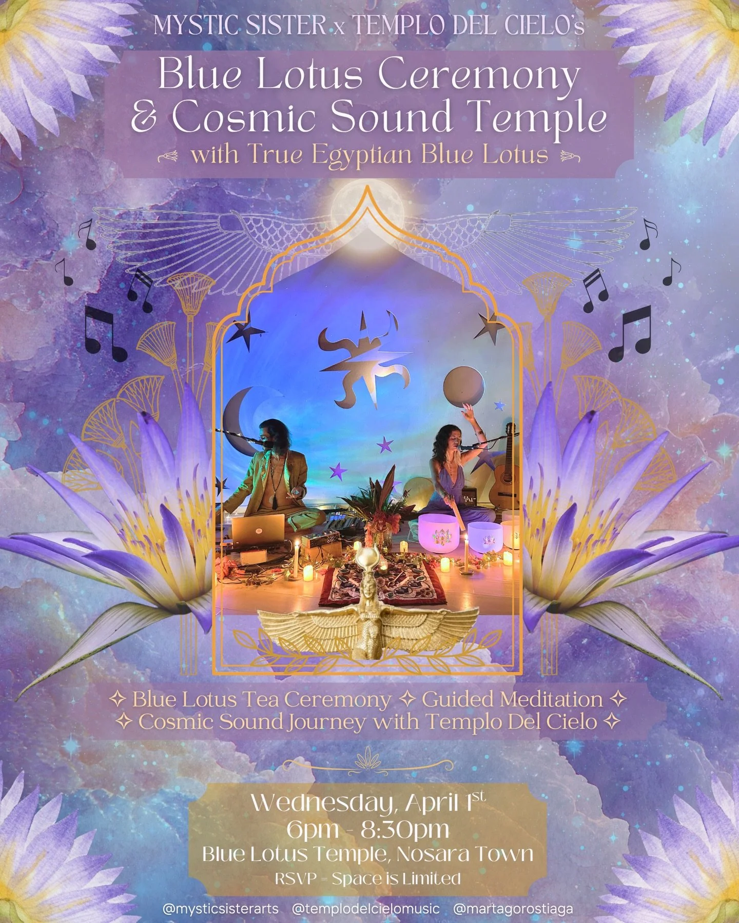 This Wednesday! Join us in Nosara for a very special Blue Lotus Tea Ceremony and @templodelcielomusic Cosmic Sound Temple with REAL Egyptian blue lotus tea. 𓆸

We&rsquo;ll open with a Blue Lotus Tea Ceremony and guided meditation, followed by an imm