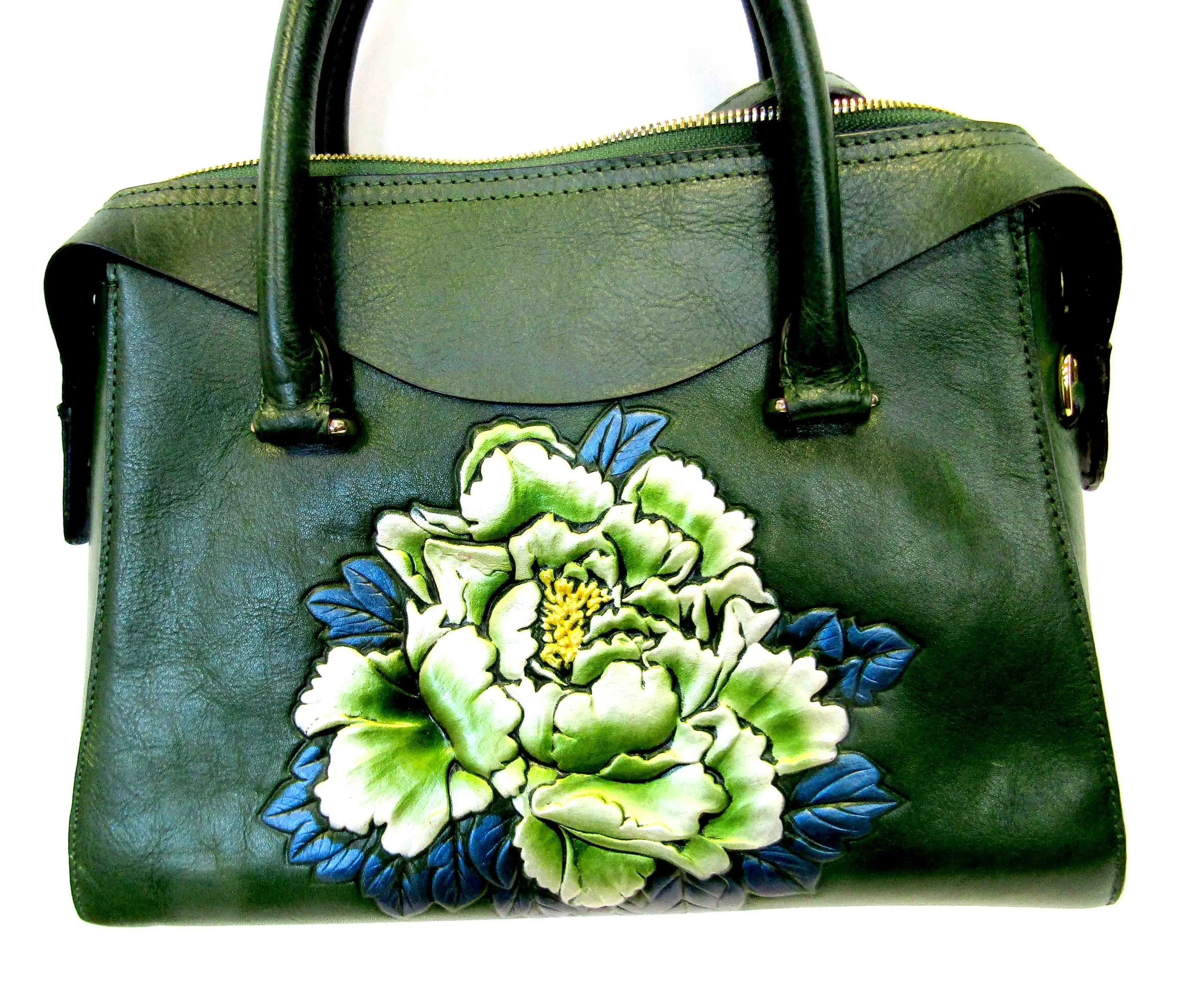 FB-014 zoom front view Tooled Flower Satcel Green.jpg