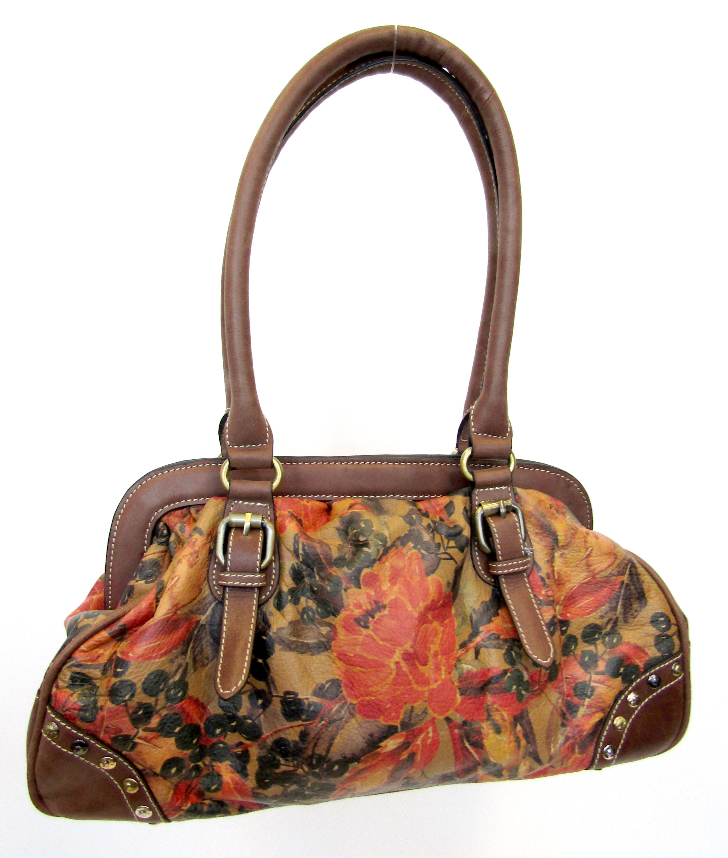 Firenze Bella Tooled Air brushed Floral Leather Tote Bag w/ Pouch Brown NWT 