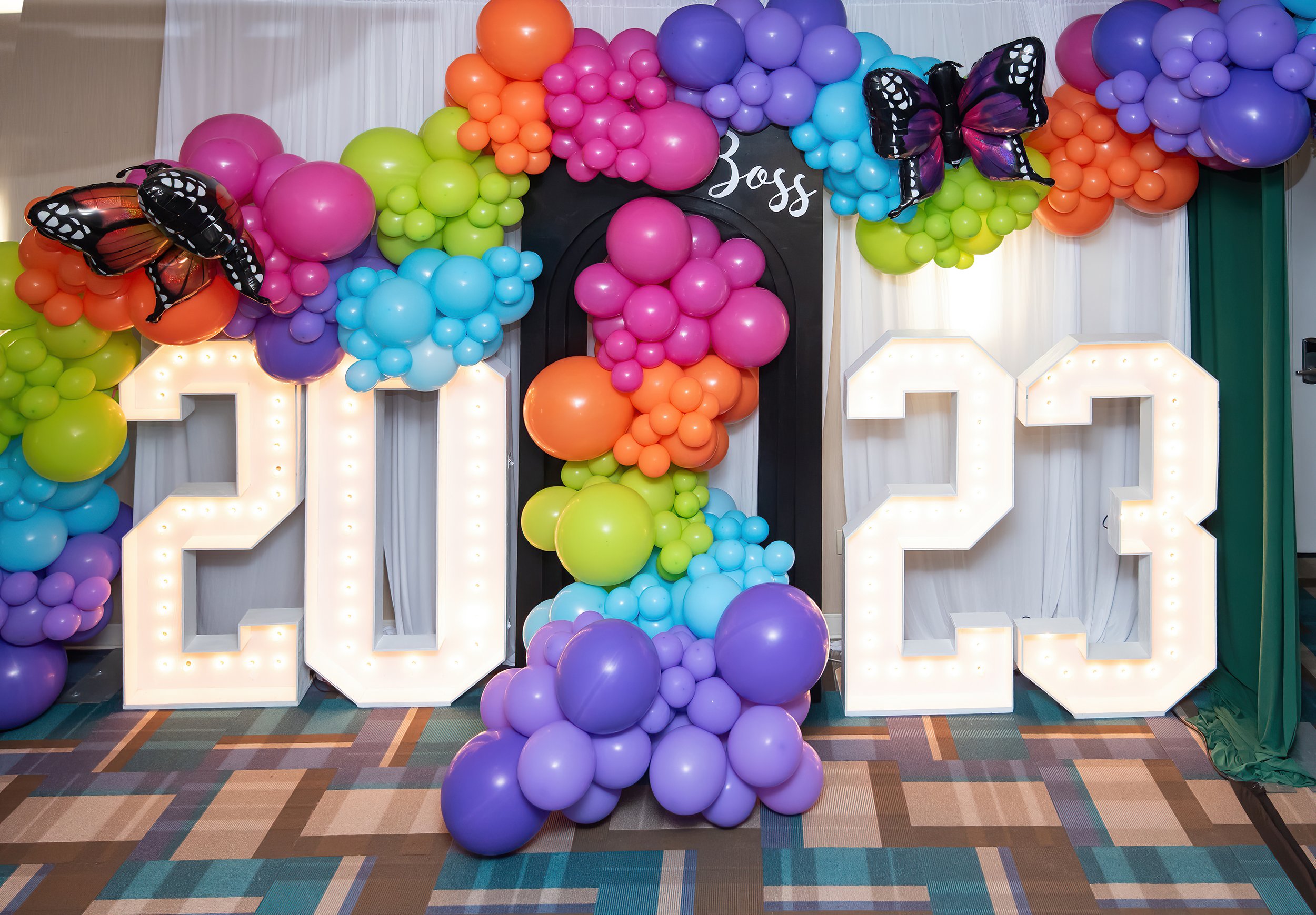 Year 2023 Number Organic Garland Colorful Butterfly Gemmar Boss Backdrop Photo Pipe and Drape.jpg