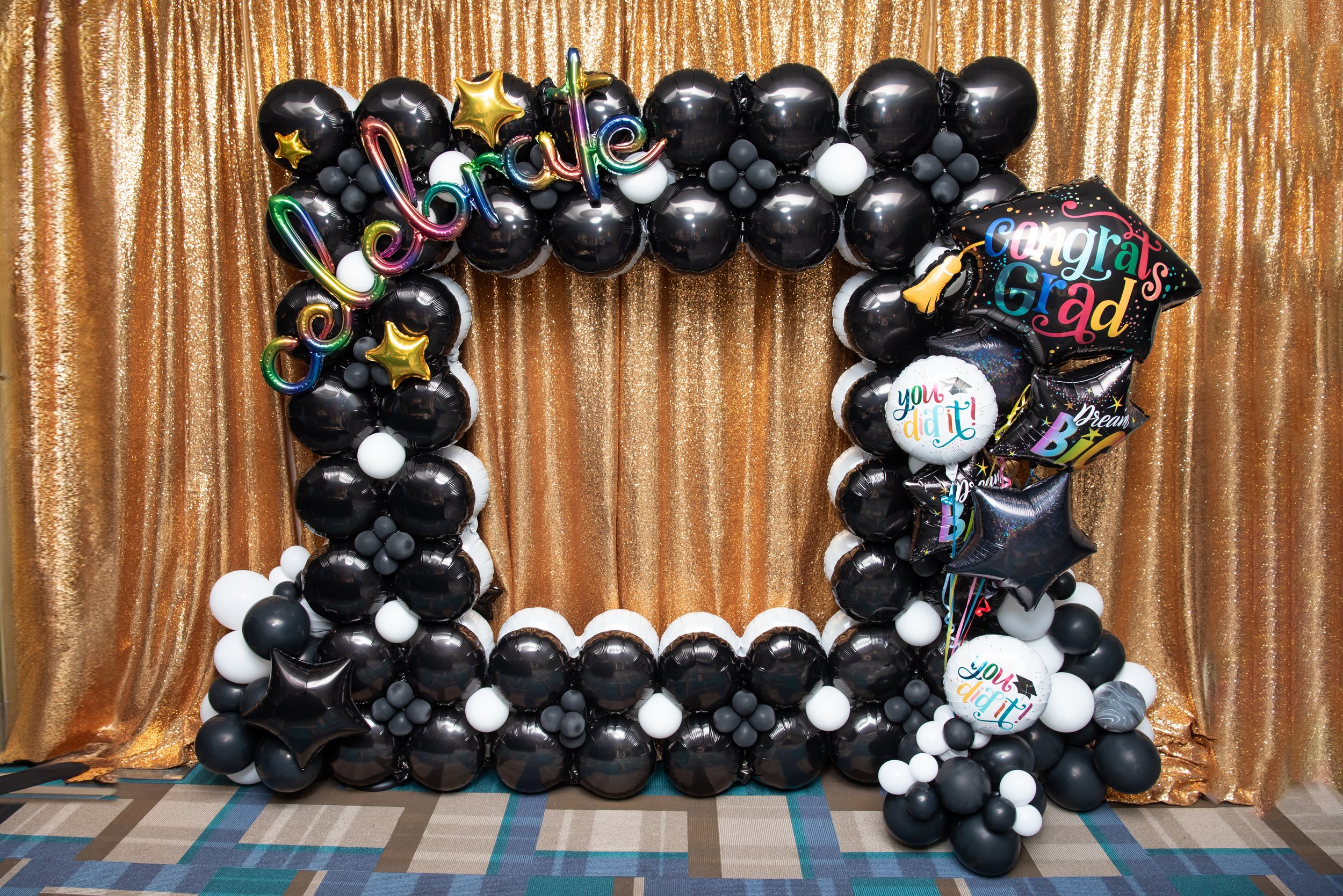 Foil Backdrop Frame Magic Arch Graduation School Photo Black White Gold bouquet Display Organic.jpg