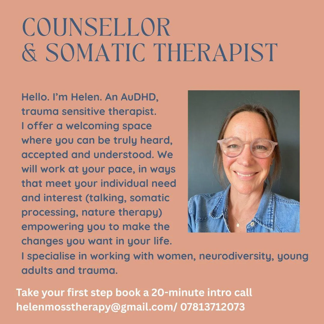 Hello. It&rsquo;s been a while since I re-introduced myself. 

I&rsquo;m Helen. 

I offer counselling and somatic therapy online and in person around Fiveways, Preston Park and in Hove. 

If you are struggling and need a place to explore and understa
