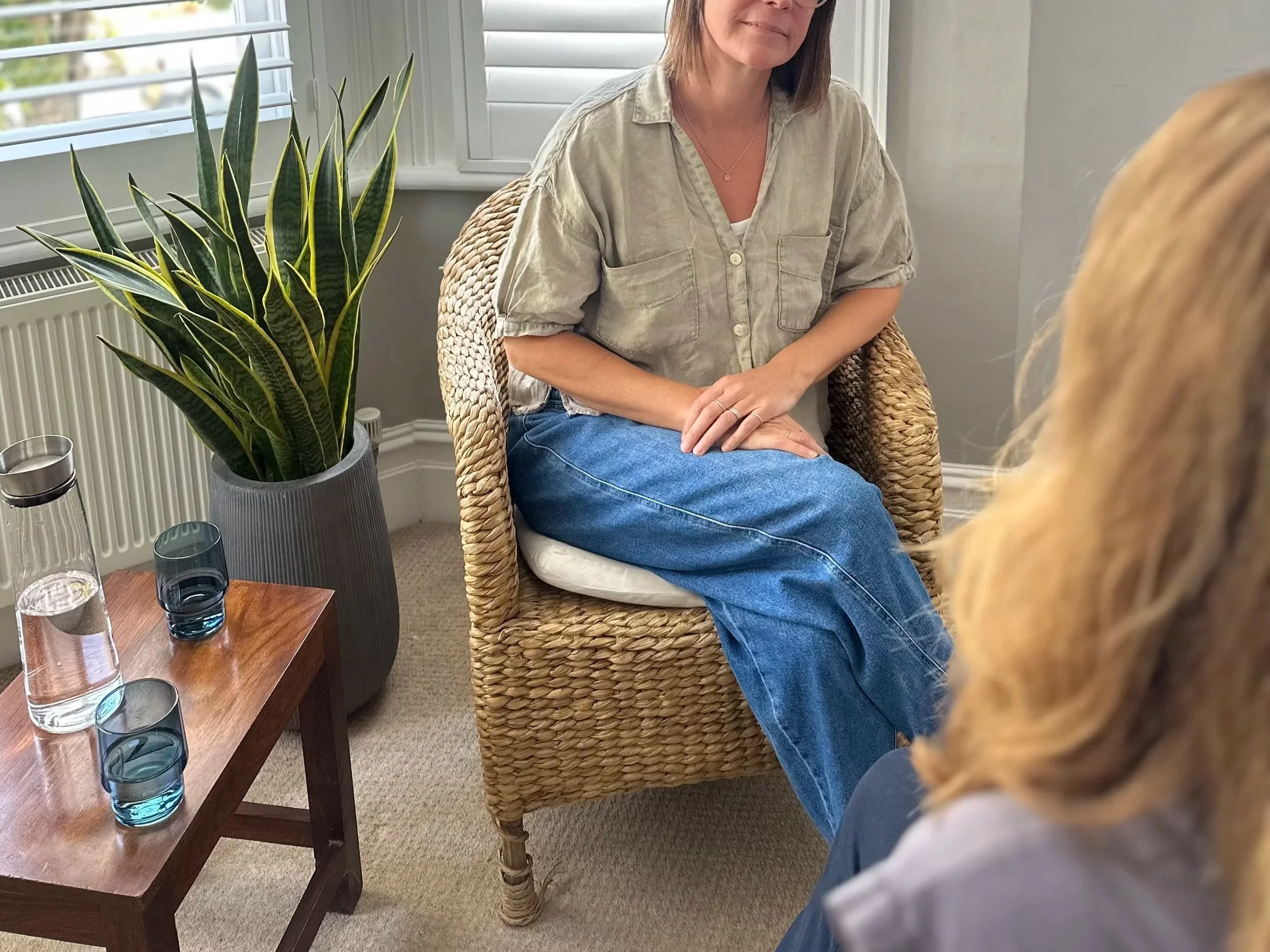 Two women sitting in a room having a conversation, with a large potted plant and glasses of water on a wooden table nearby.
