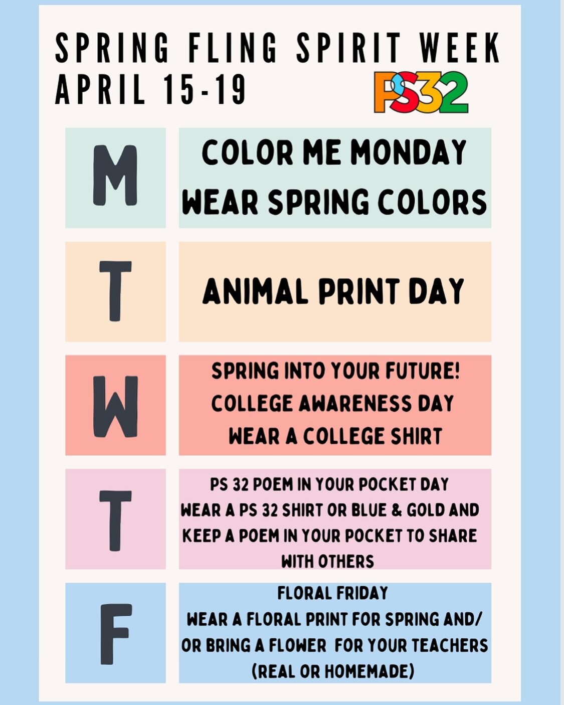 Next week is Spring Fling Spirit Week! We hope you participate as we count down the days to Spring Break! Remember participation is encouraged but never mandatory. 💙💛 #ps32brooklyn #oneschoolonefamily