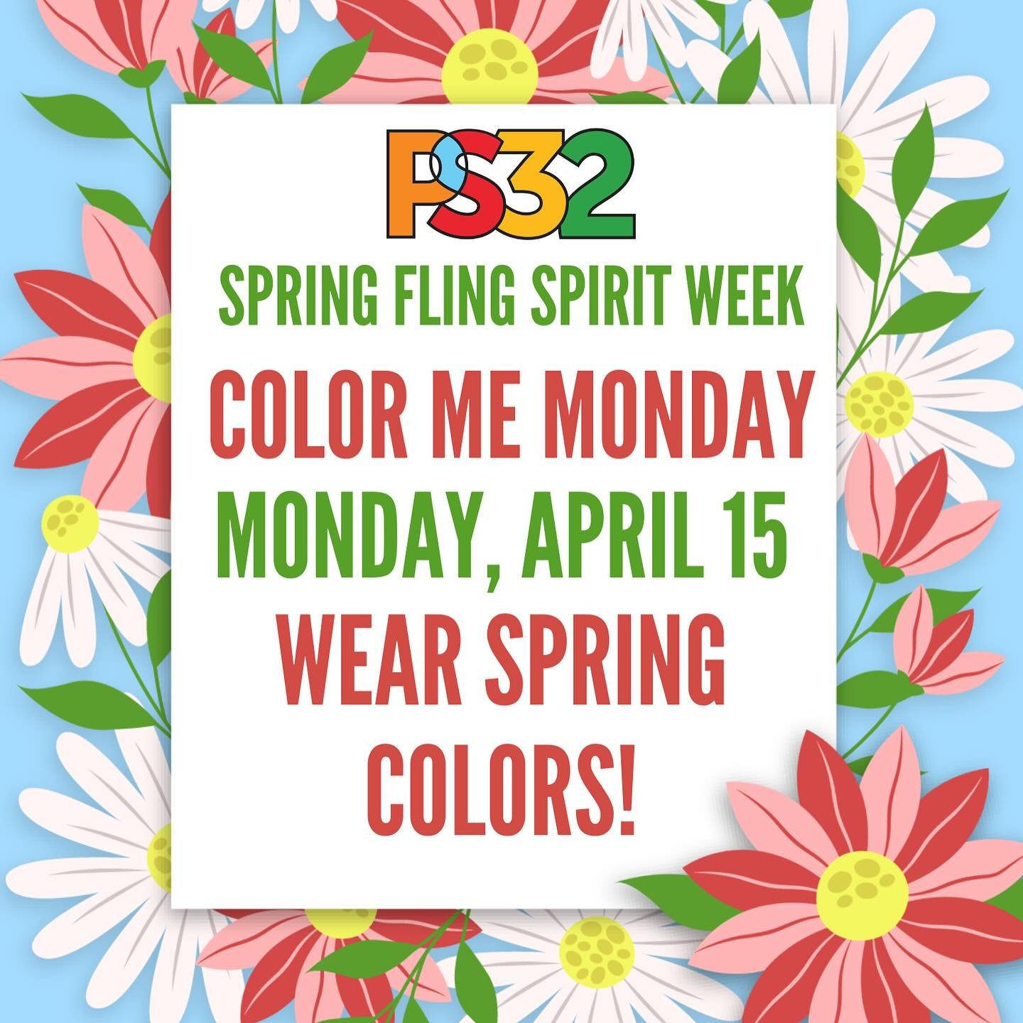 Spring Fling Spirit Week starts on Monday! We are counting down the days to Spring Break in style. Remember that participation is encouraged but not mandatory. 🌸 #ps32brooklyn #oneschoolonefamily