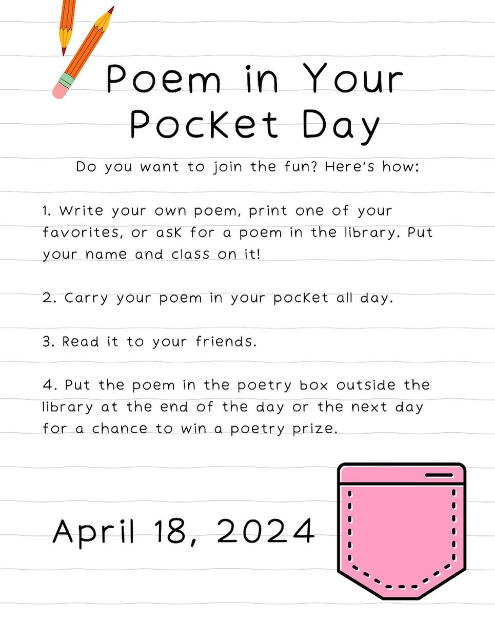 April 18 is Poem in Your Pocket Day! Wear a PS 32 shirt or blue and gold and bring a poem to share! #ps32brooklyn #oneschoolonefamily 💙💛 @poetsorg