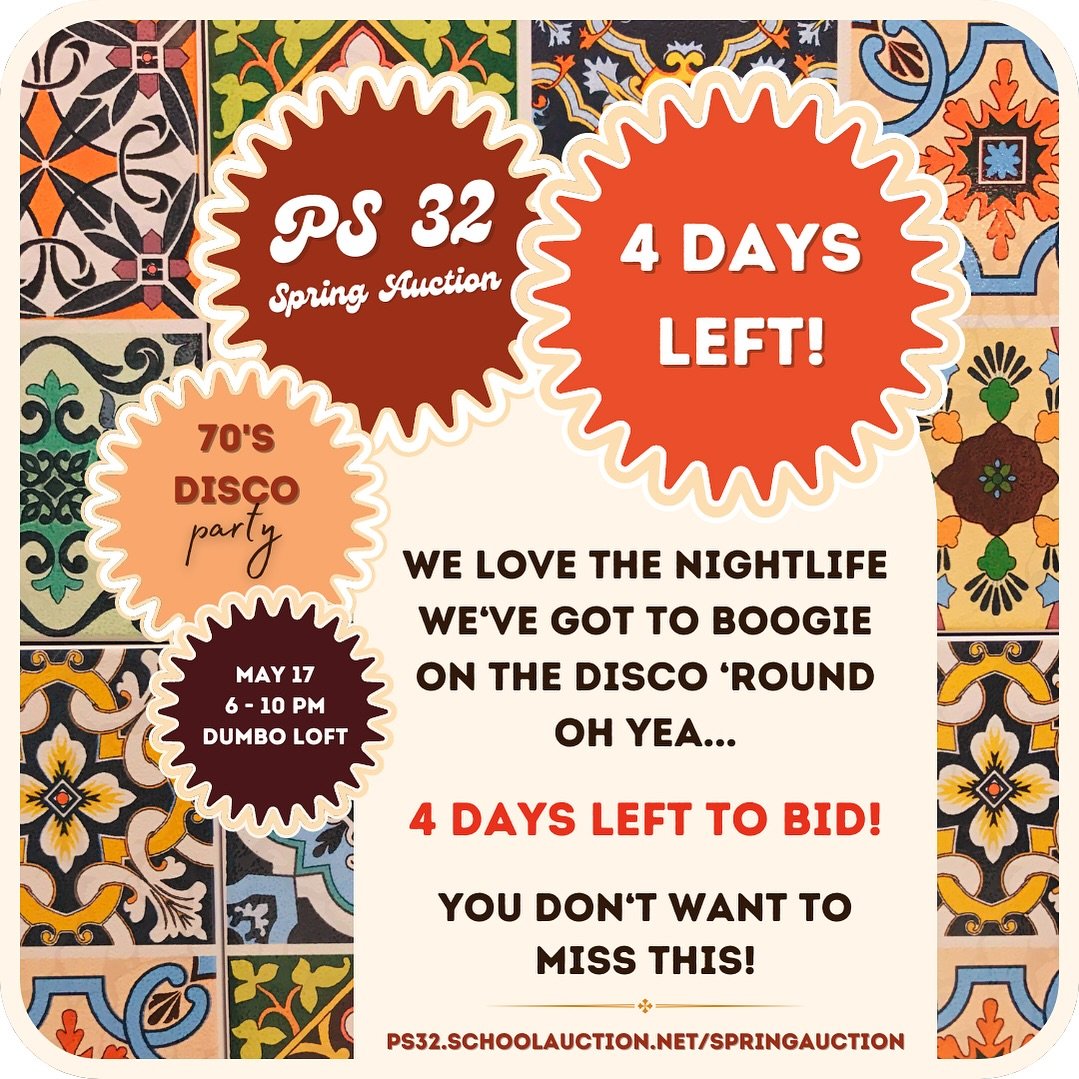 ✨📣 It&rsquo;s the final countdown 📣✨&hellip; 4 DAYS LEFT TO BID on all the amazing auction items! 4 DAYS LEFT until PS32&rsquo;s grooviest party of the year! DO THE HUSTLE&hellip;get your bids in and let&rsquo;s make this PS32&rsquo;s largest fundr