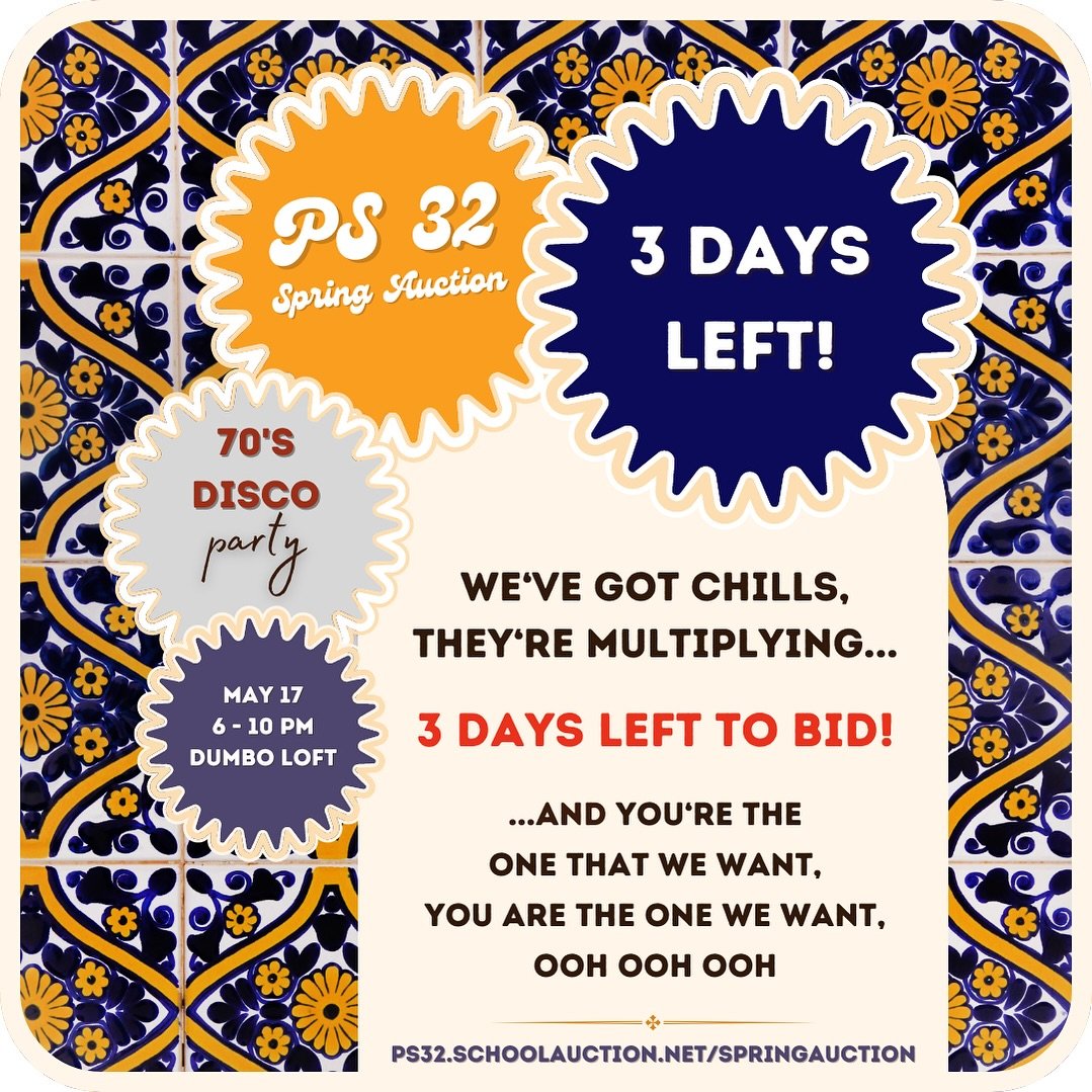 🎉 We&rsquo;ve got chills, they&rsquo;re multiplying 🎉&hellip;3 DAYS LEFT TO BID on all the amazing auction items! 3 DAYS LEFT until PS32&rsquo;s grooviest party of the year! Get your bids in and let&rsquo;s make this PS32&rsquo;s largest fundraiser