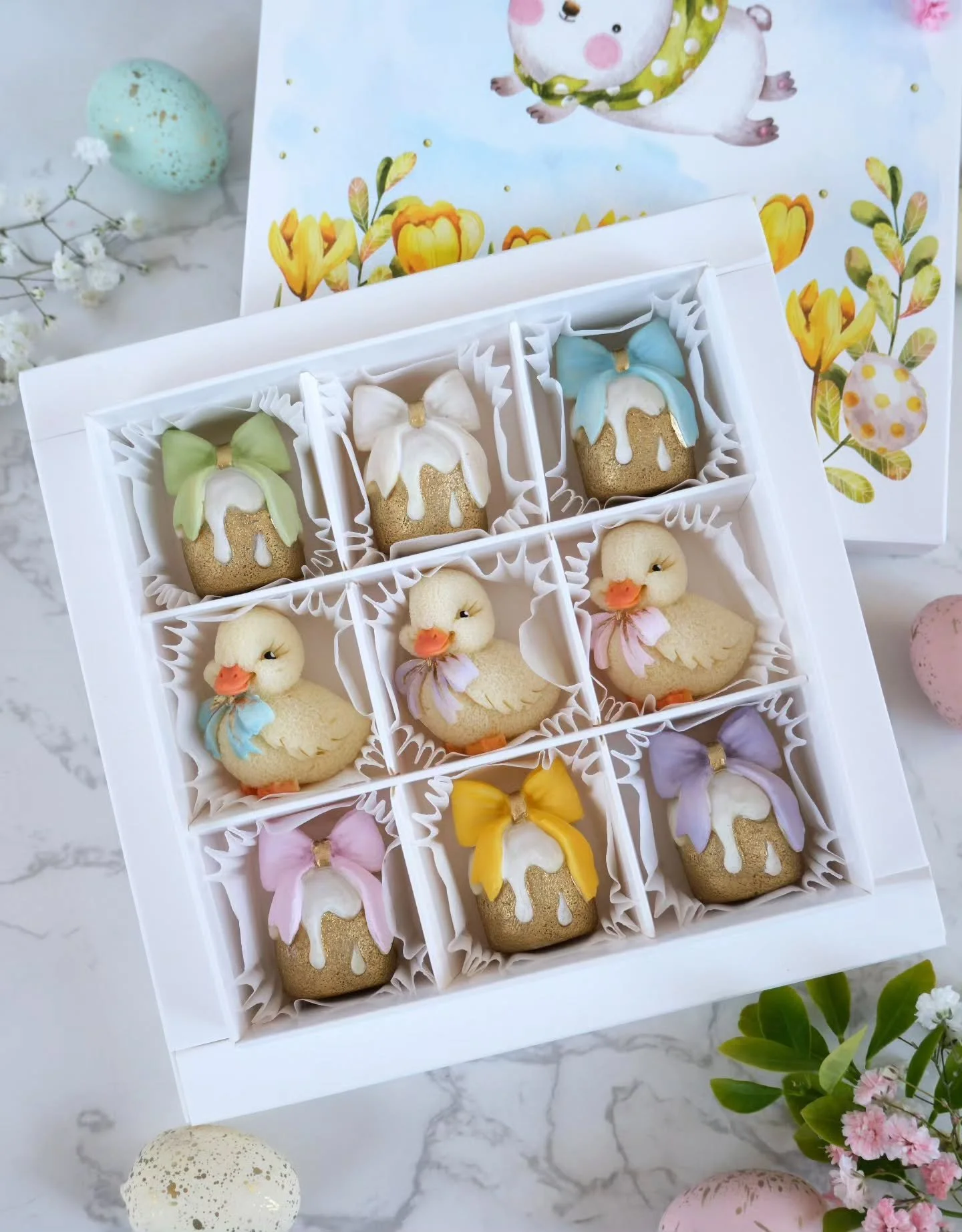 Easter Cake chocolate gift box 🎁 
Inside a thin Belgian white chocolate shell, you&rsquo;ll discover three signature flavors:
&bull; Milk chocolate ganache with aromatic Arabica coffee
&bull; Dark chocolate ganache with caramelized orange
&bull; Dar