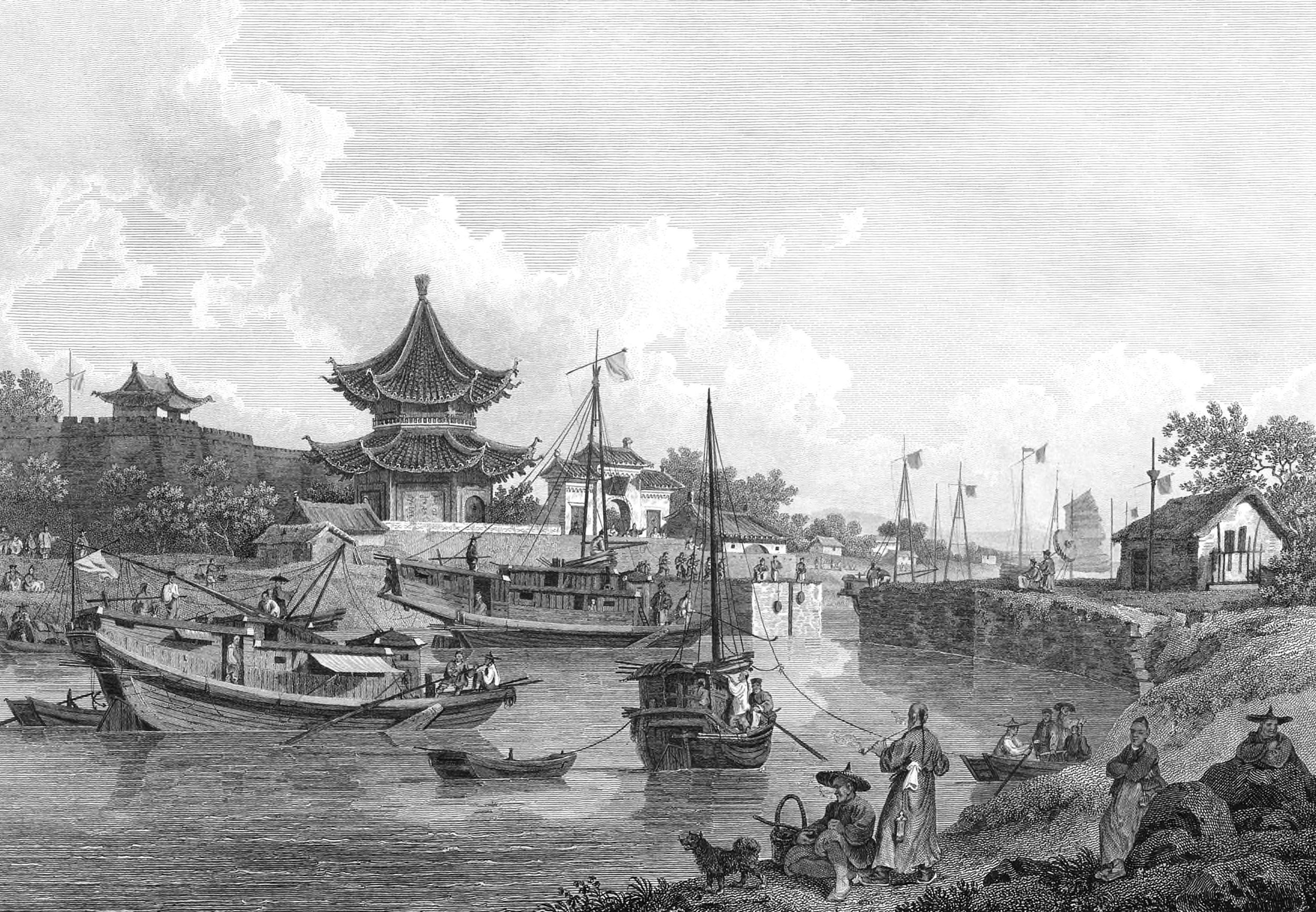 Chinese Barges of the Embassy passing through a sliding gate on the Grand Canal