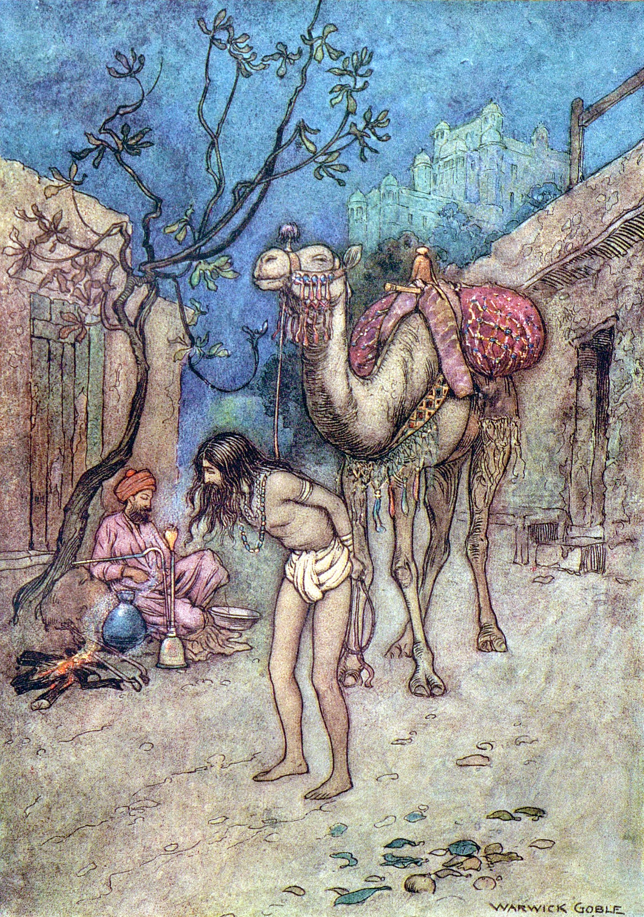 The camel-driver alighted, tied the camel to the tree on the spot, and began smoking