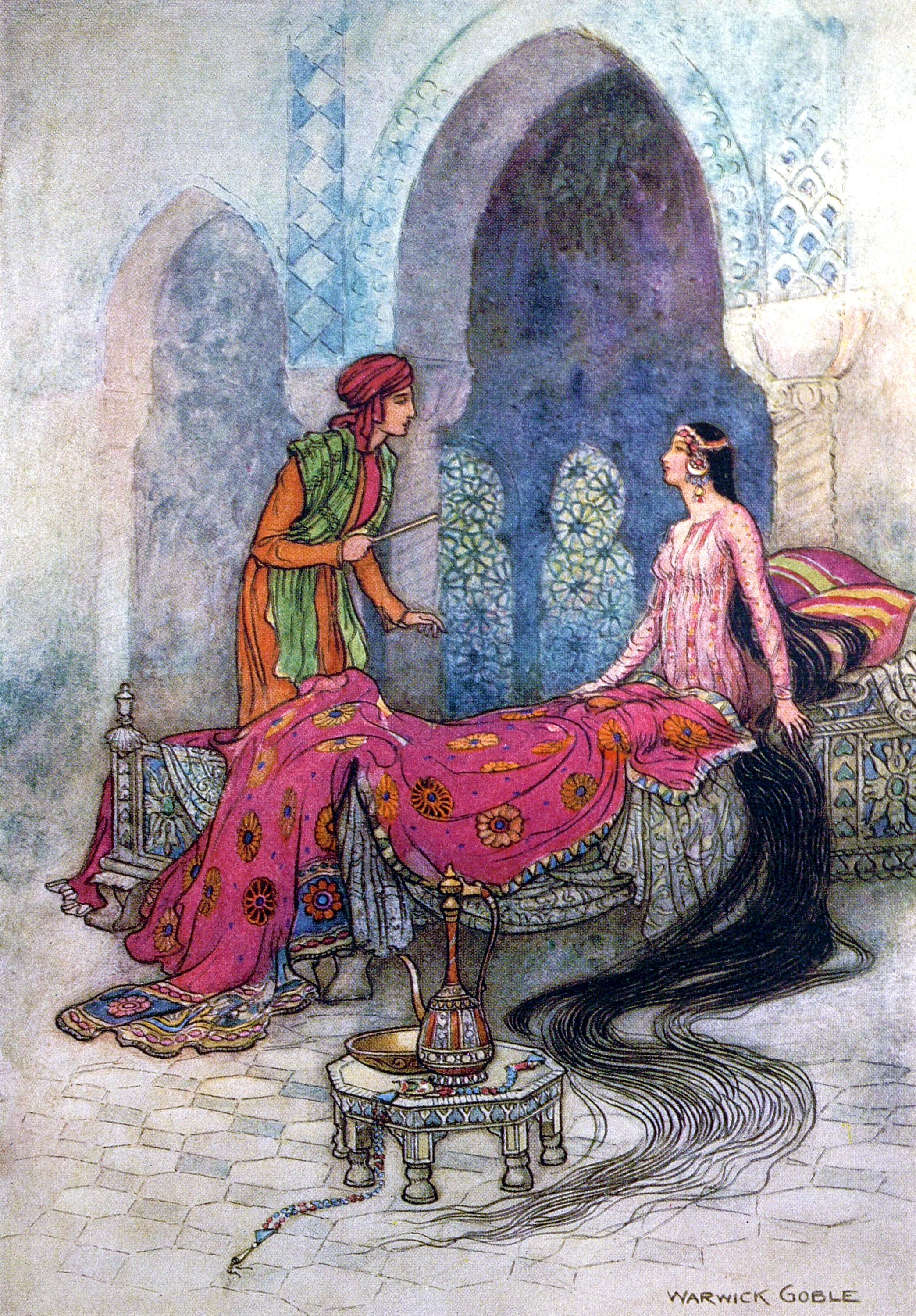 In a trice she woke up, sat up in her bed, and eyeing the stranger, inquired who he was