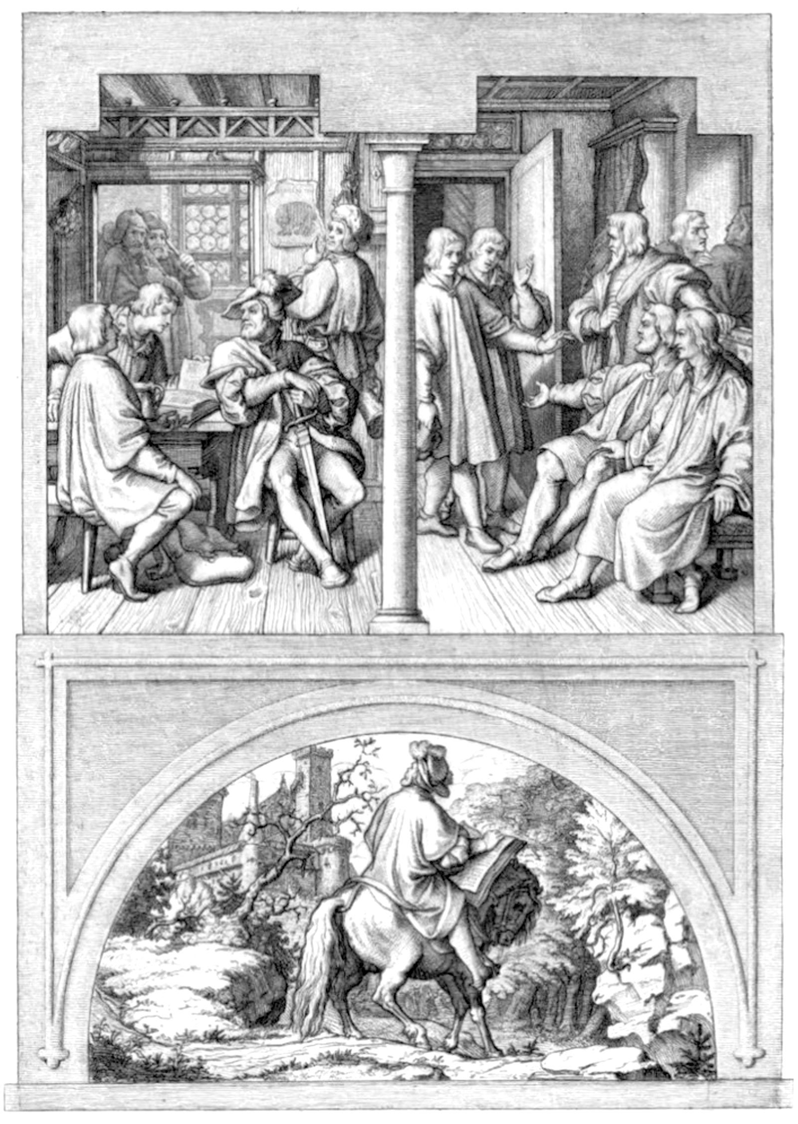 Below, Luther is riding away from the Wartburg. Above, to the left, Luther and the Swiss students in the Black Bear at Jena; to the right, Luther, amidst his friends at Wittenberg, recognized by the same students.