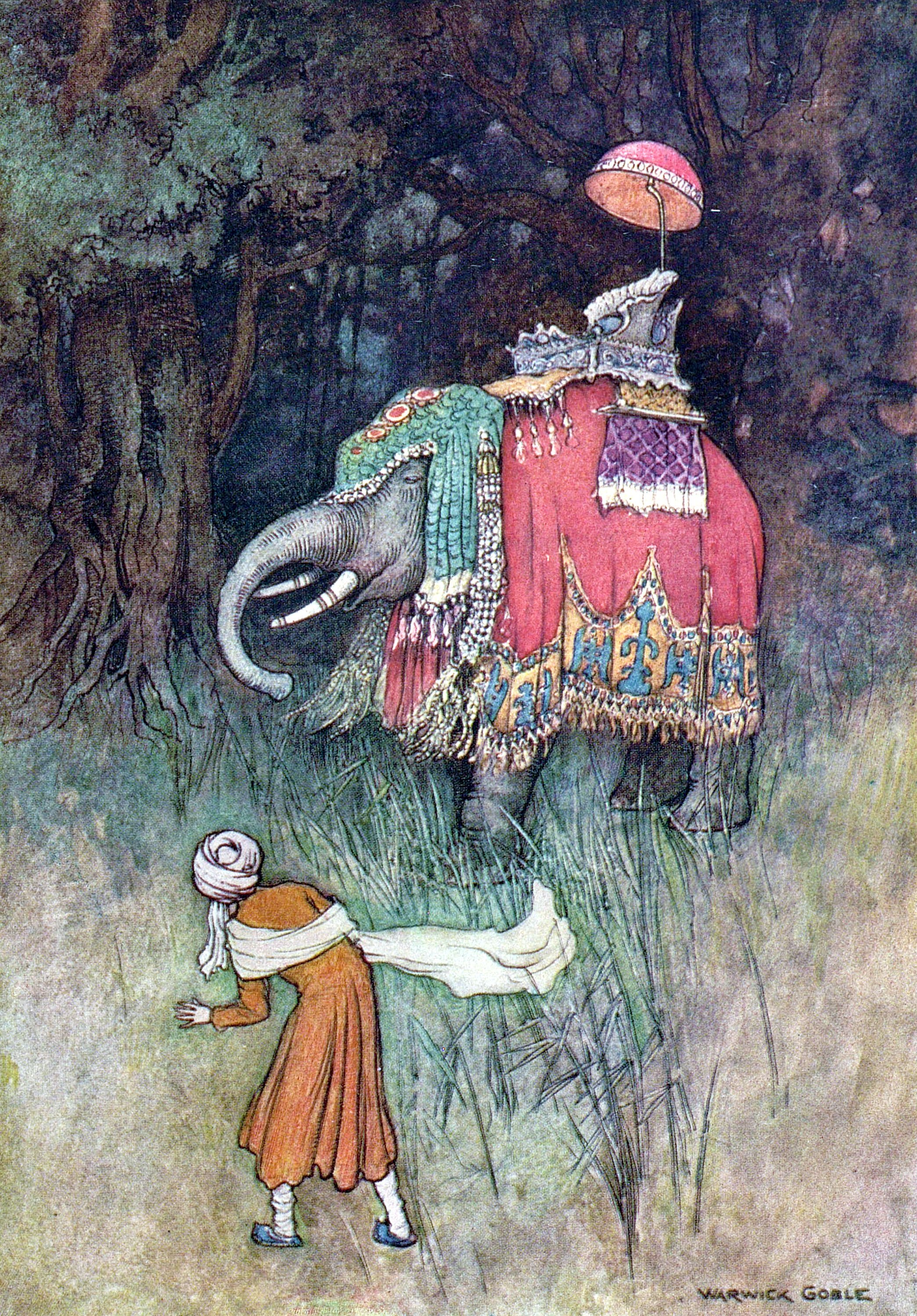 On a sudden an elephant gorgeously caparisoned shot across his path