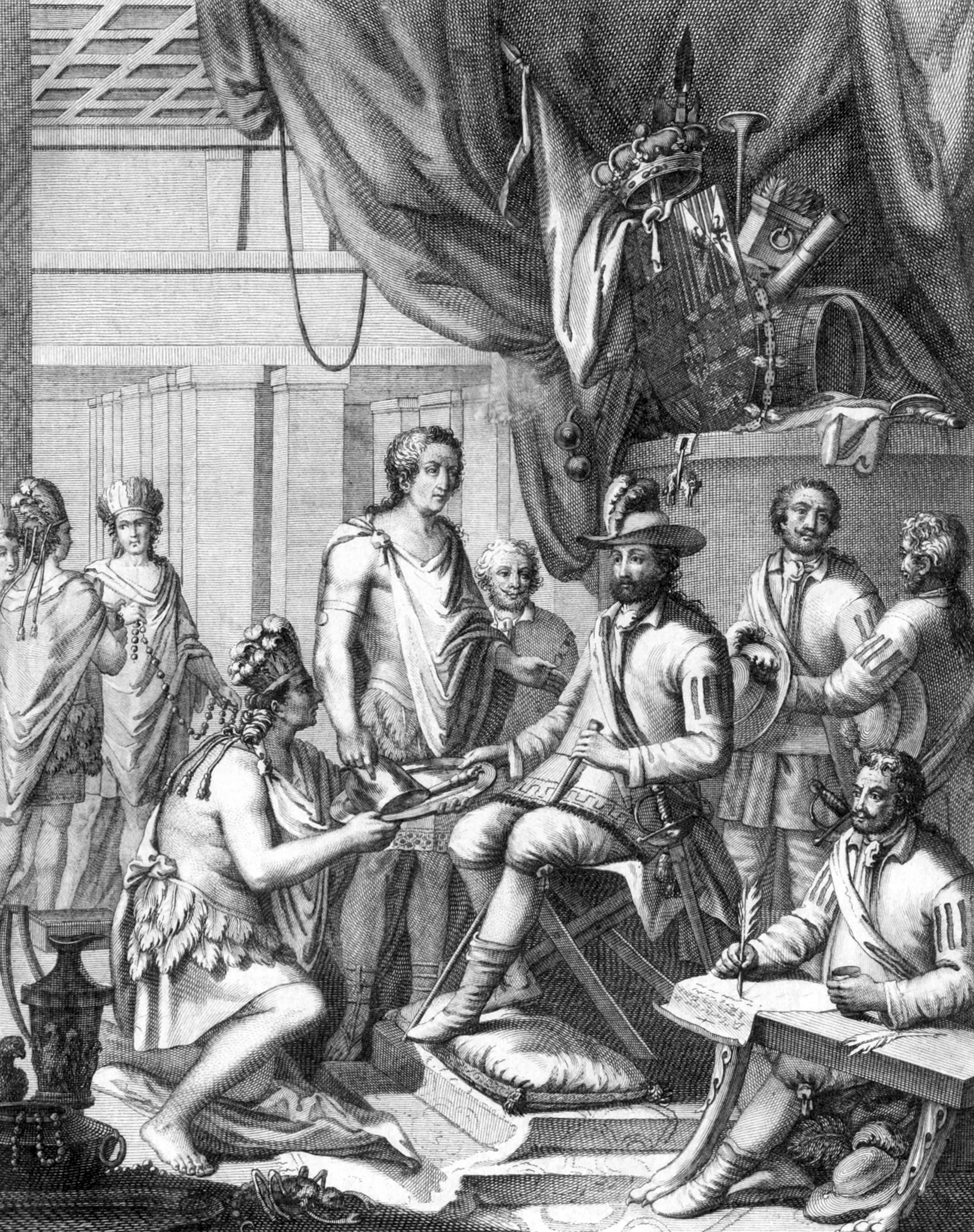 Montezuma names the King of Spain as successor to his Empire and gives him obedience and tribute
