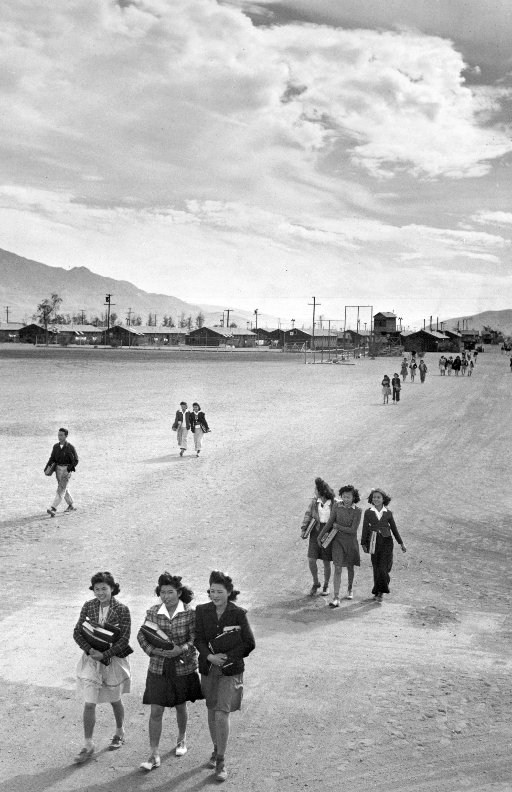 School children walking, Manzanar Relocation Center, California