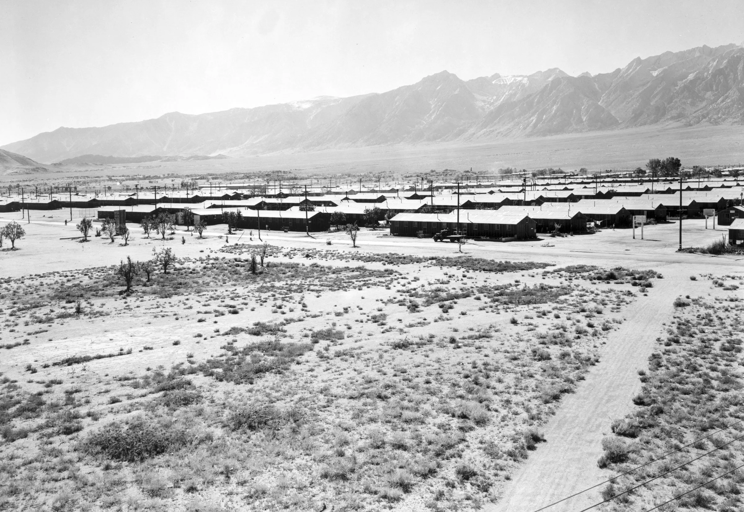 Manzanar from guard tower, summer heat, view SW, Manzanar Relocation Center