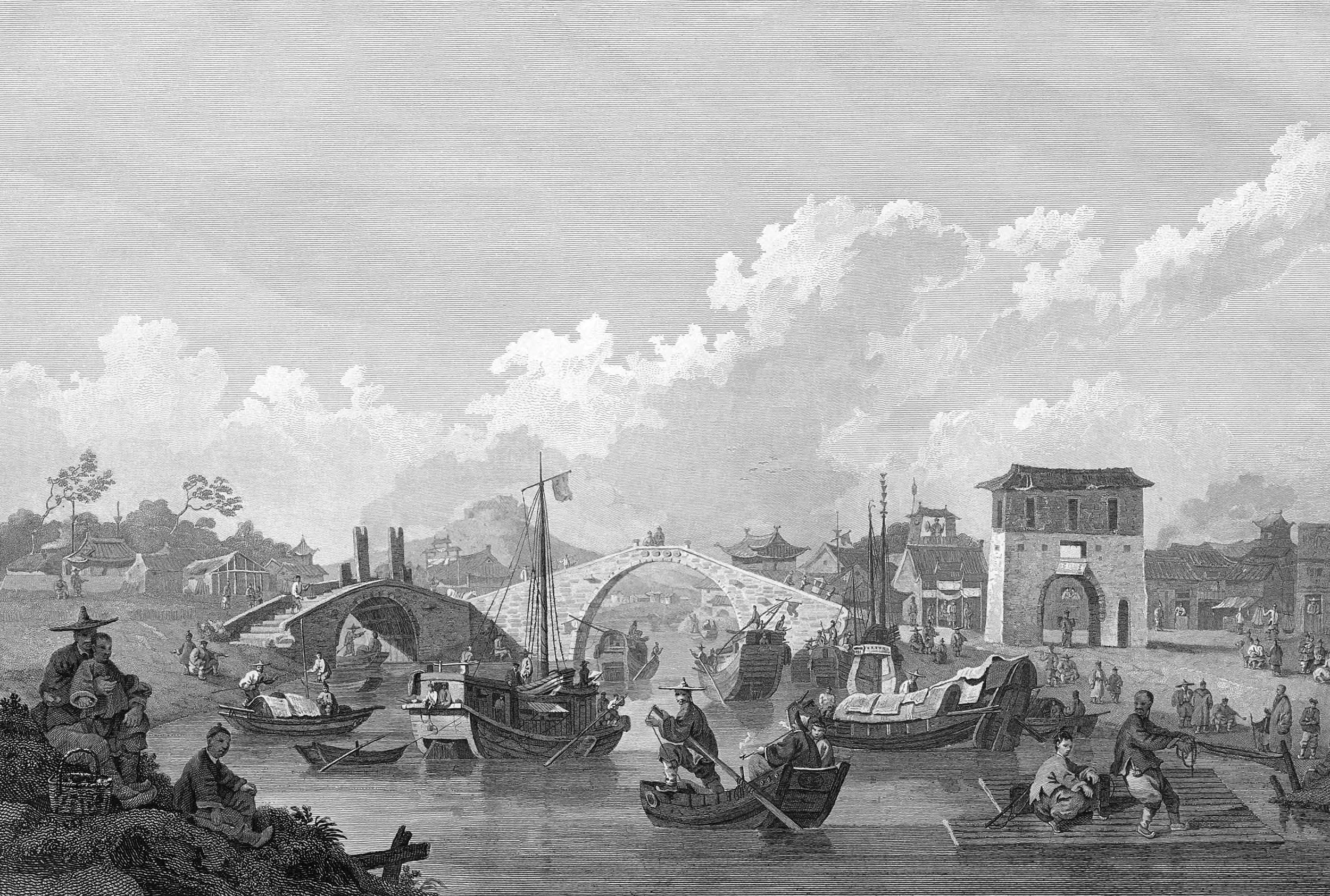 Chinese Barges of the Embassy preparing to pass under a bridge