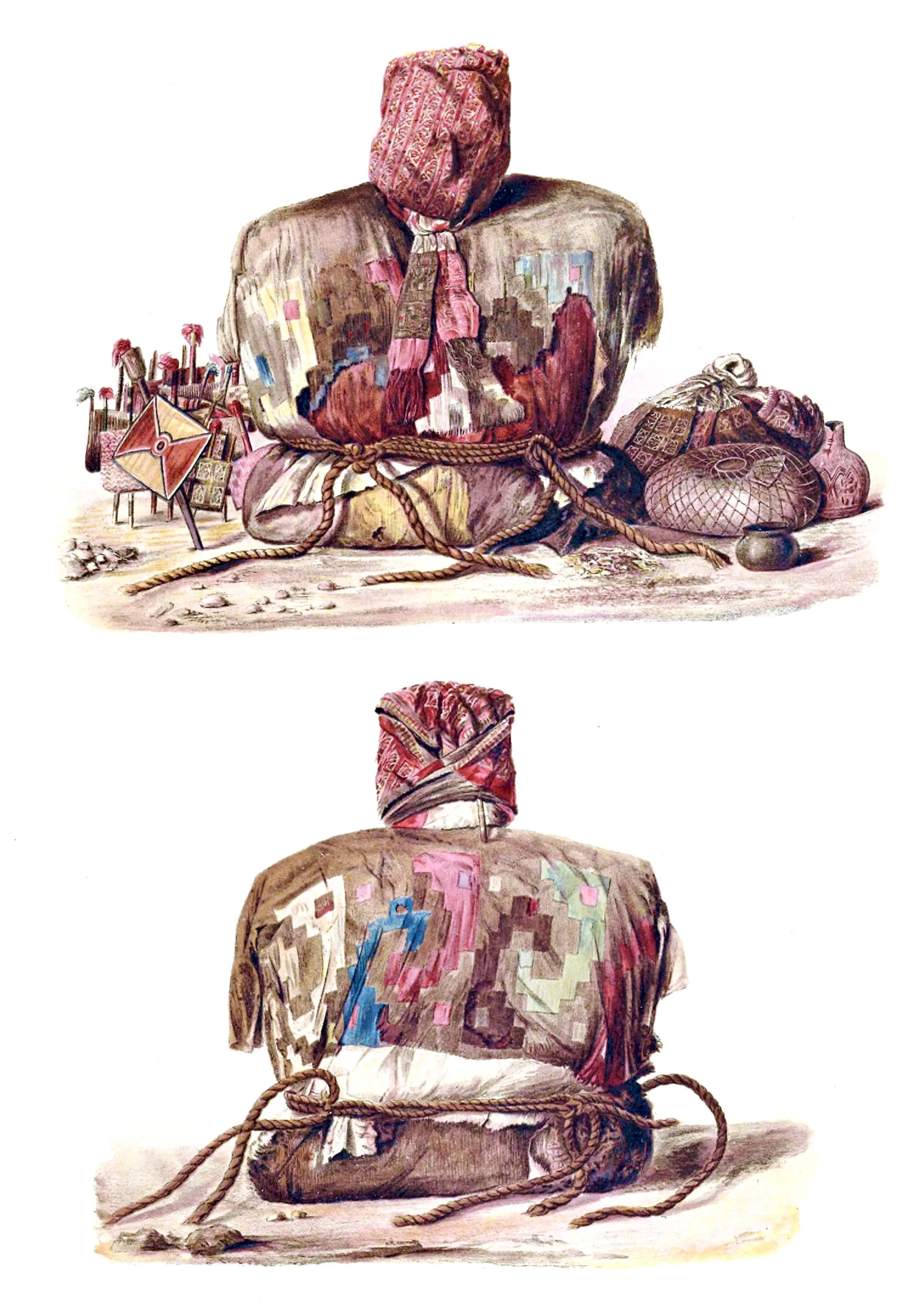 Front and Back View of a Mummy with a False Head and Funeral Accompaniments