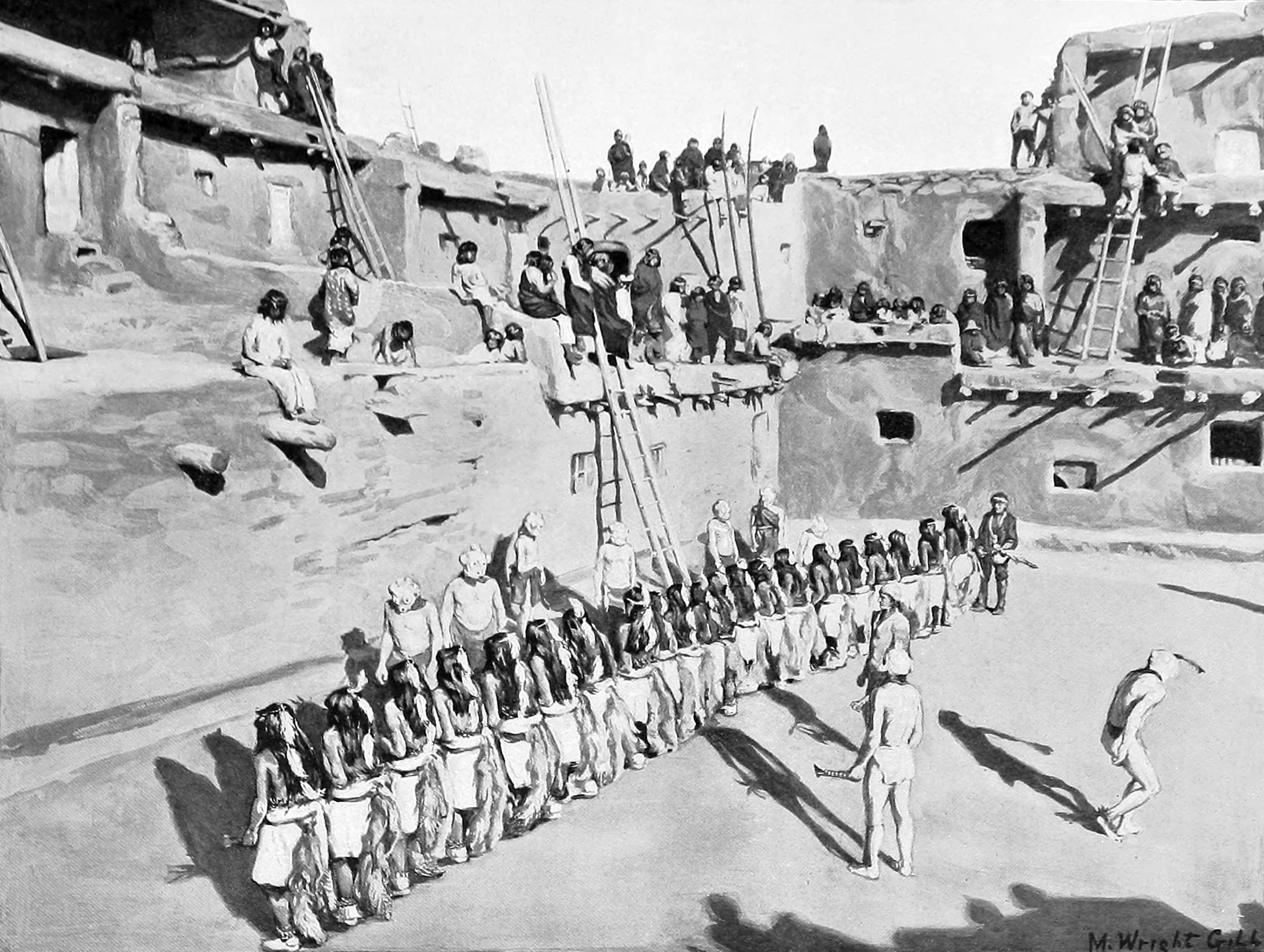 Kor'Kokshi Gods dancing in the plaza attended by Ko'Yemshi gods and Ne'Wekwe