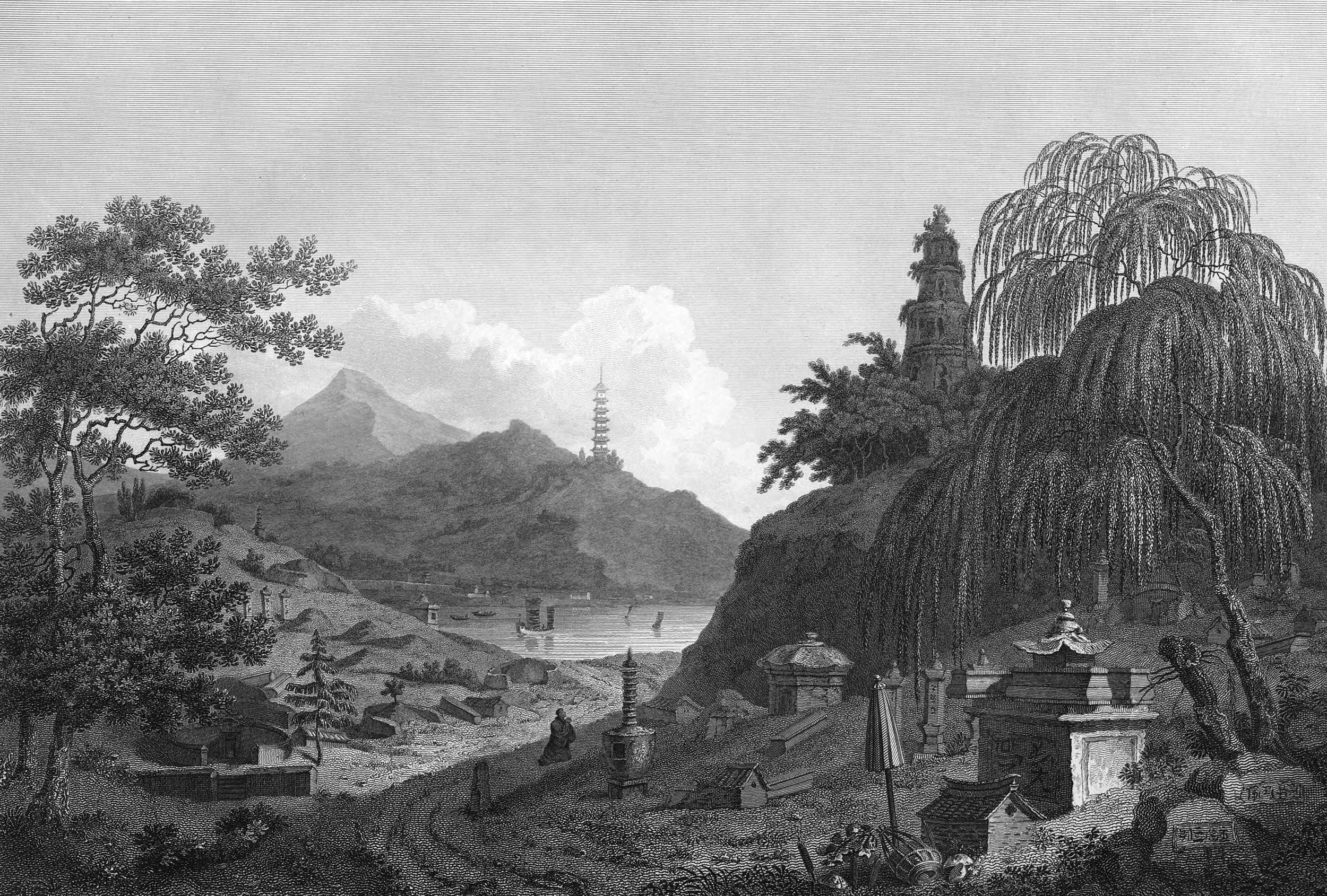 View of the Tower of the Thundering Winds on the borders of the Lake See-Hoo, taken from the Vale of Tombs