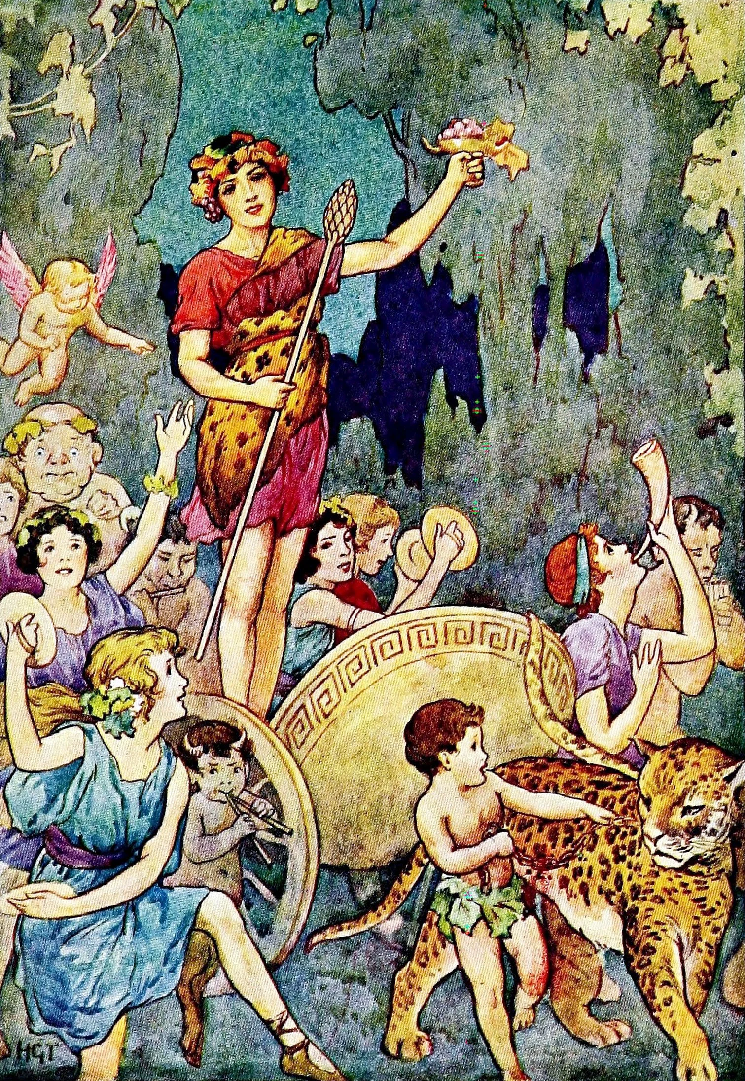 A beautiful youth, with a crown of vine-leaves on his hair, who sat in a wonderful car drawn by wild beasts