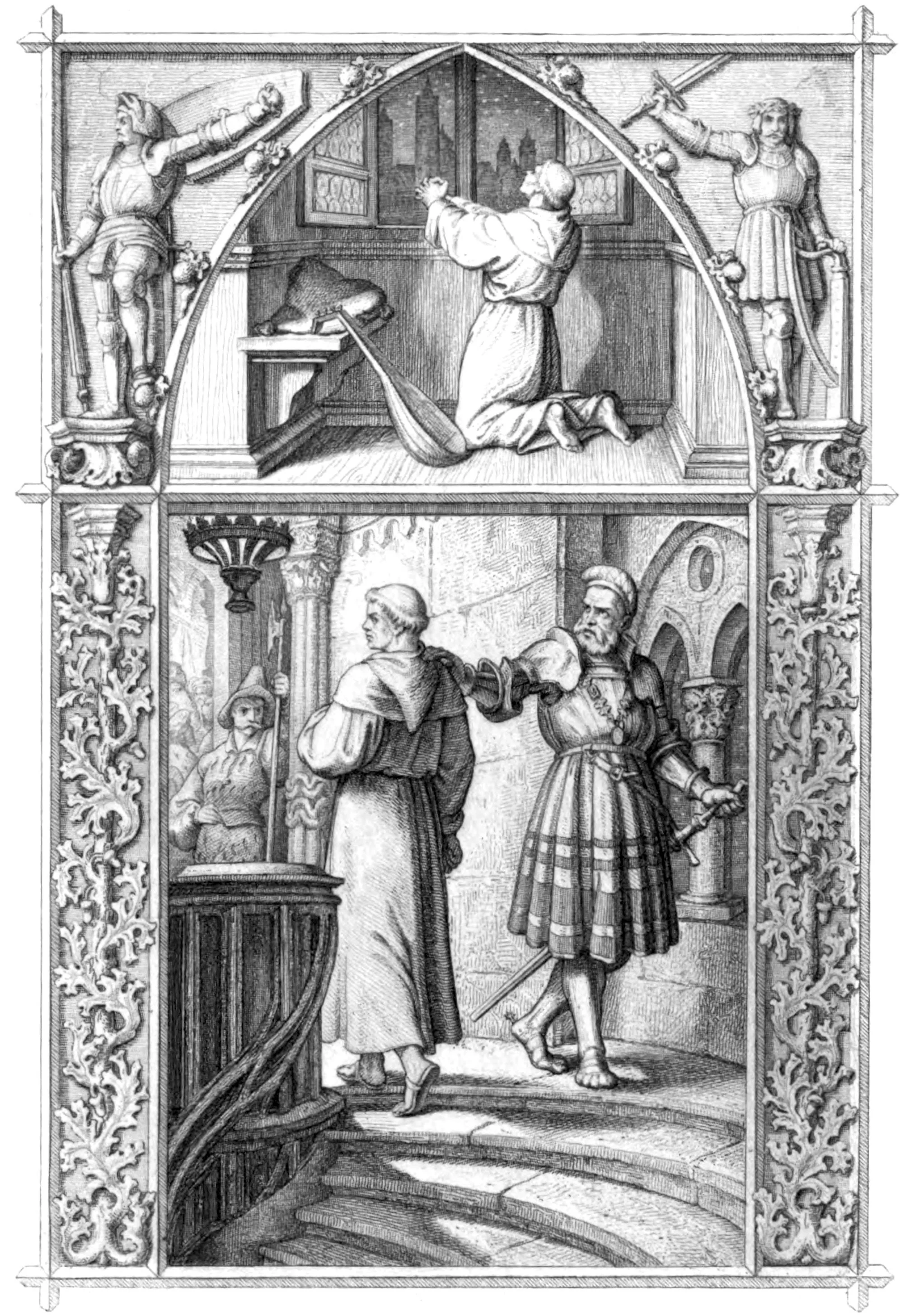 Above, Luther is seen preparing himself by prayer to appear before the Emperor and Diet. He is standing with Prundsberg at the entrance of the hall.