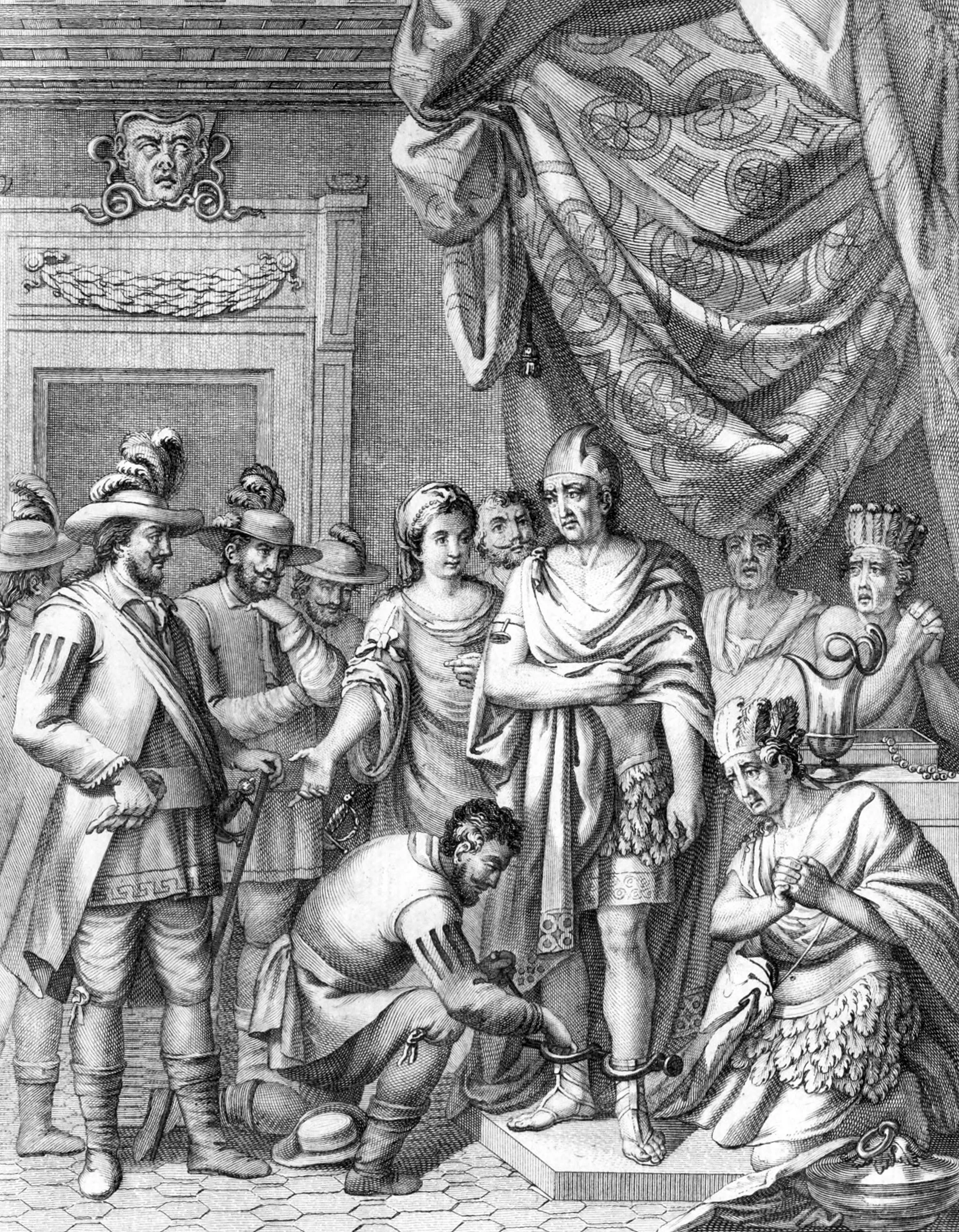 Cortes decides to arrest Montezuma in his Palace, he takes him to his headquarters where they put him in shackles