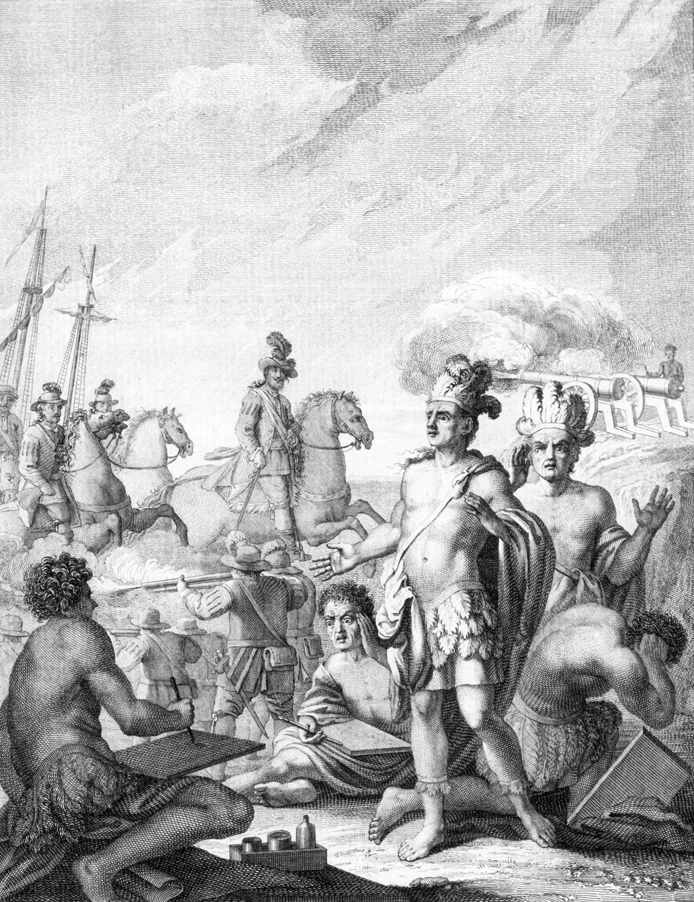 The natives of Montezuma paint the army of Cortes, which he sets in motion, firing its artillery, and they are astonished