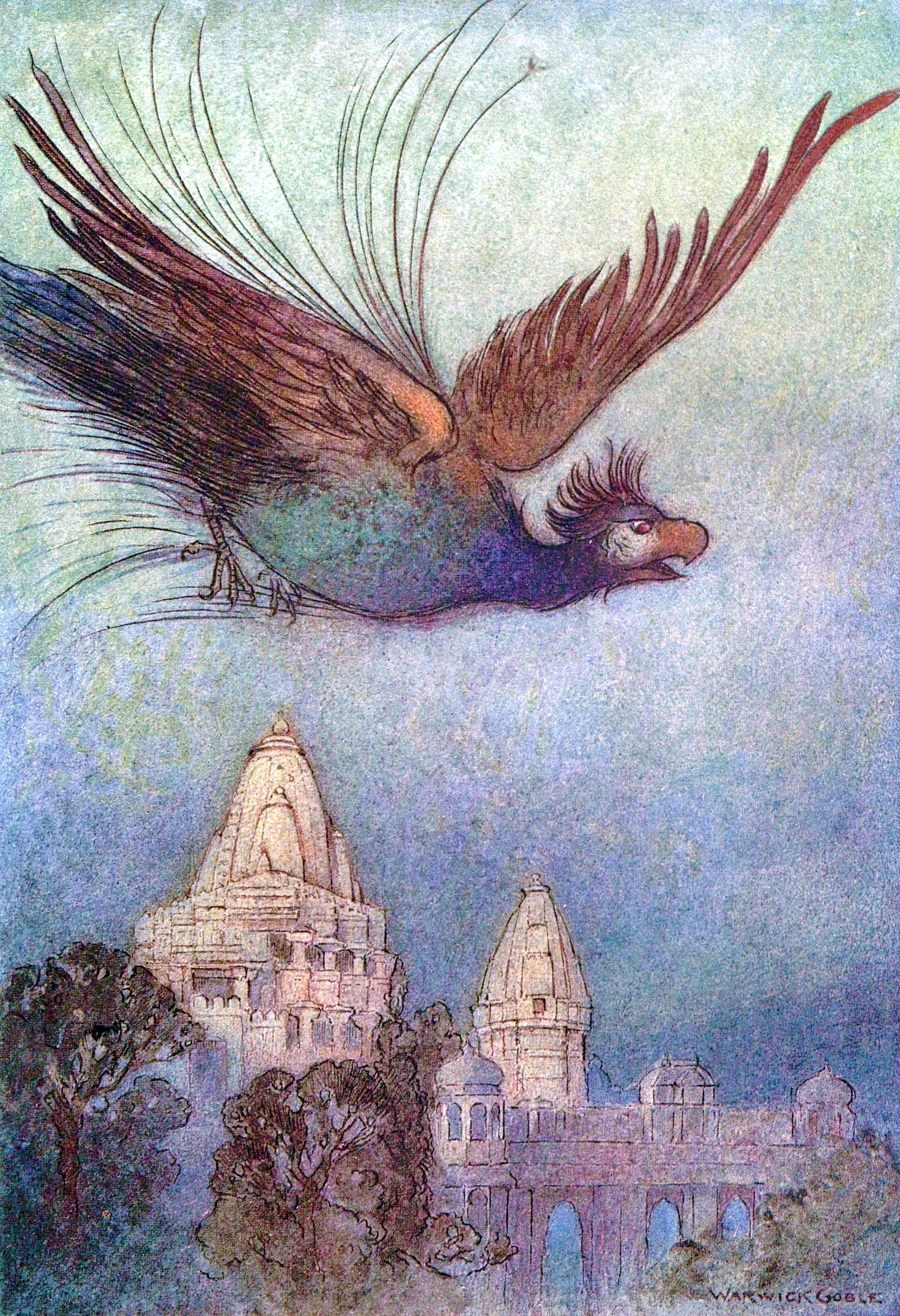 A monstrous bird comes out apparently from the palace